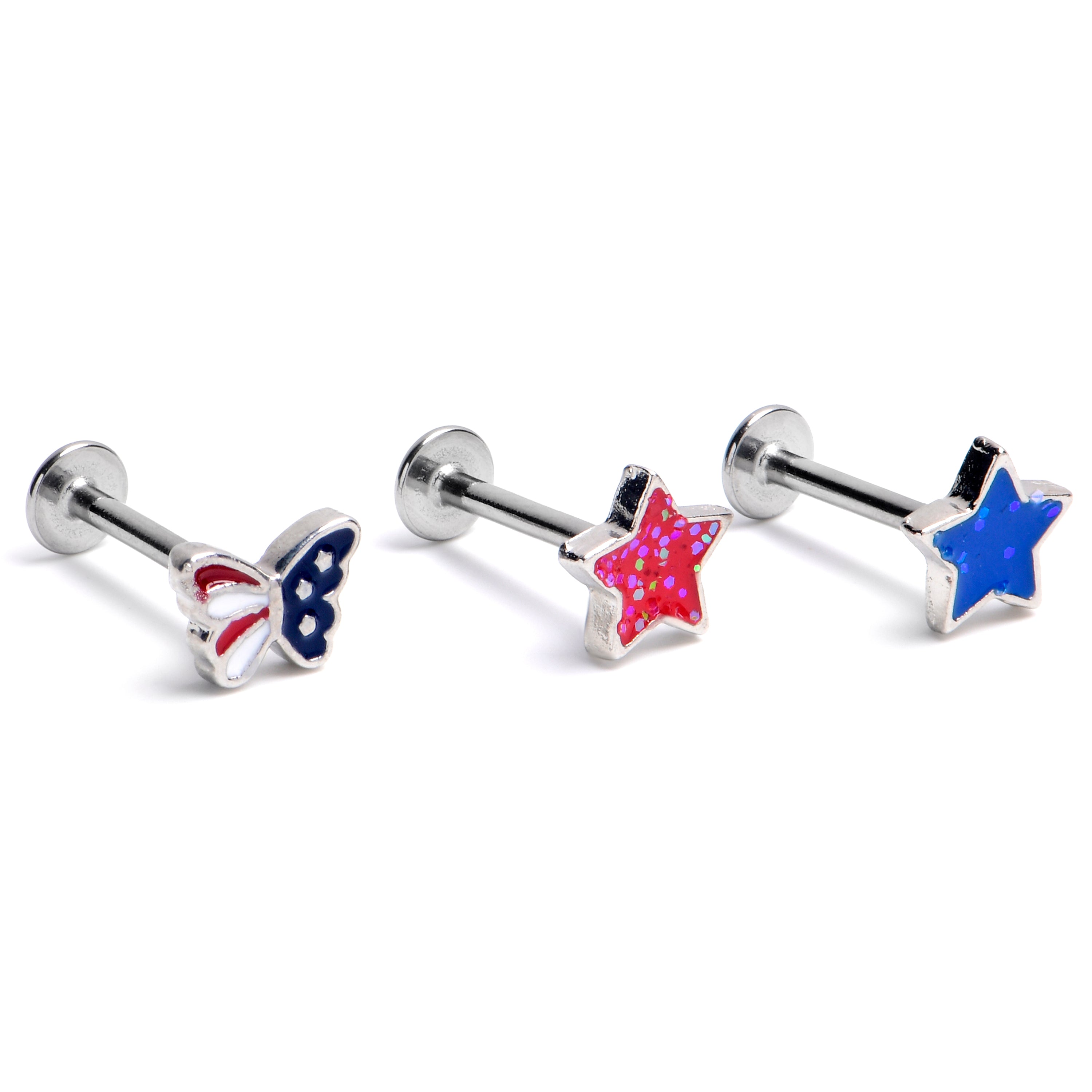 16G 5/16 Stars Butterfly Patriotic Labret Monroe Tragus Curation Set of 3