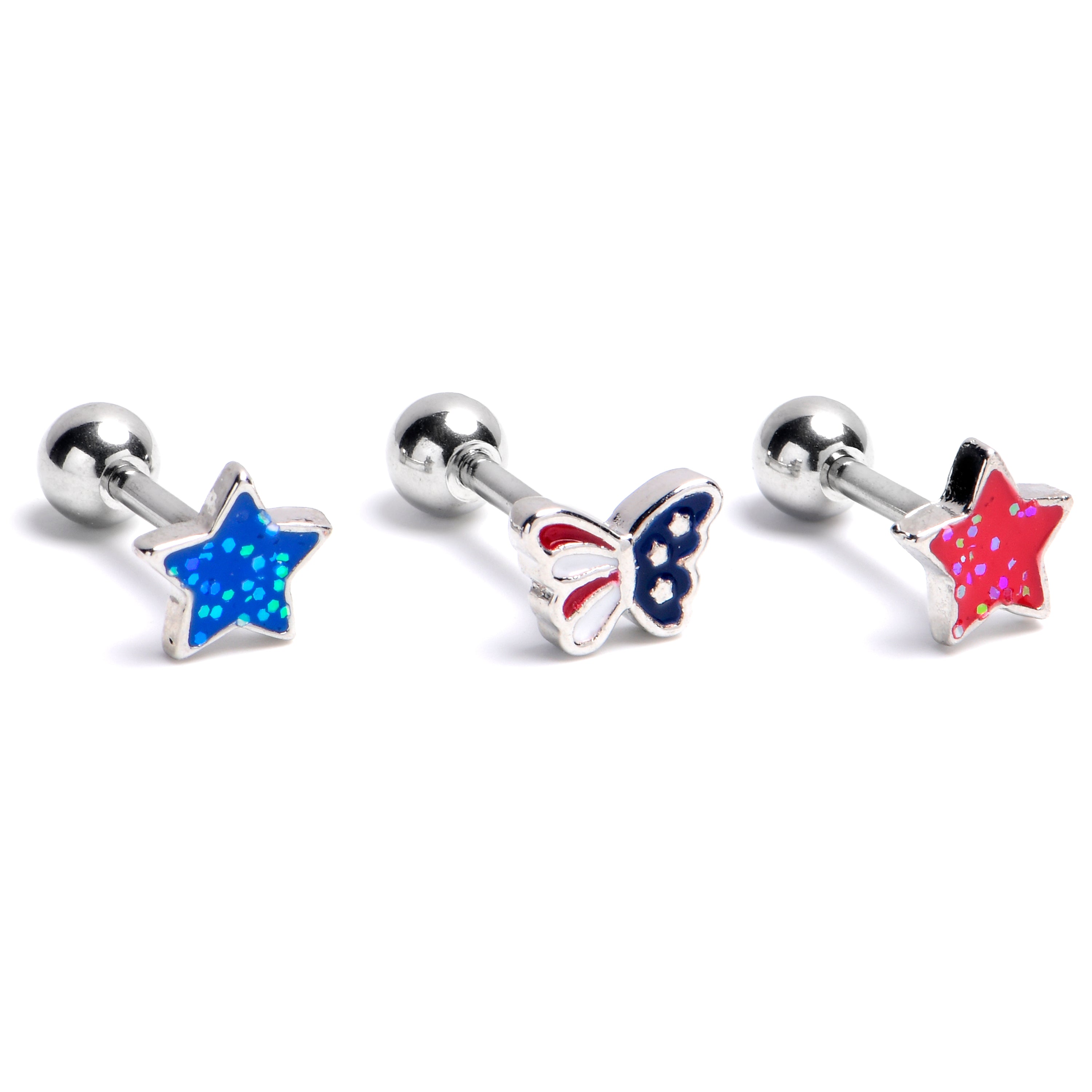 16 Gauge 1/4 Star Butterfly Patriotic Cartilage Tragus Earring Curation Set of 3