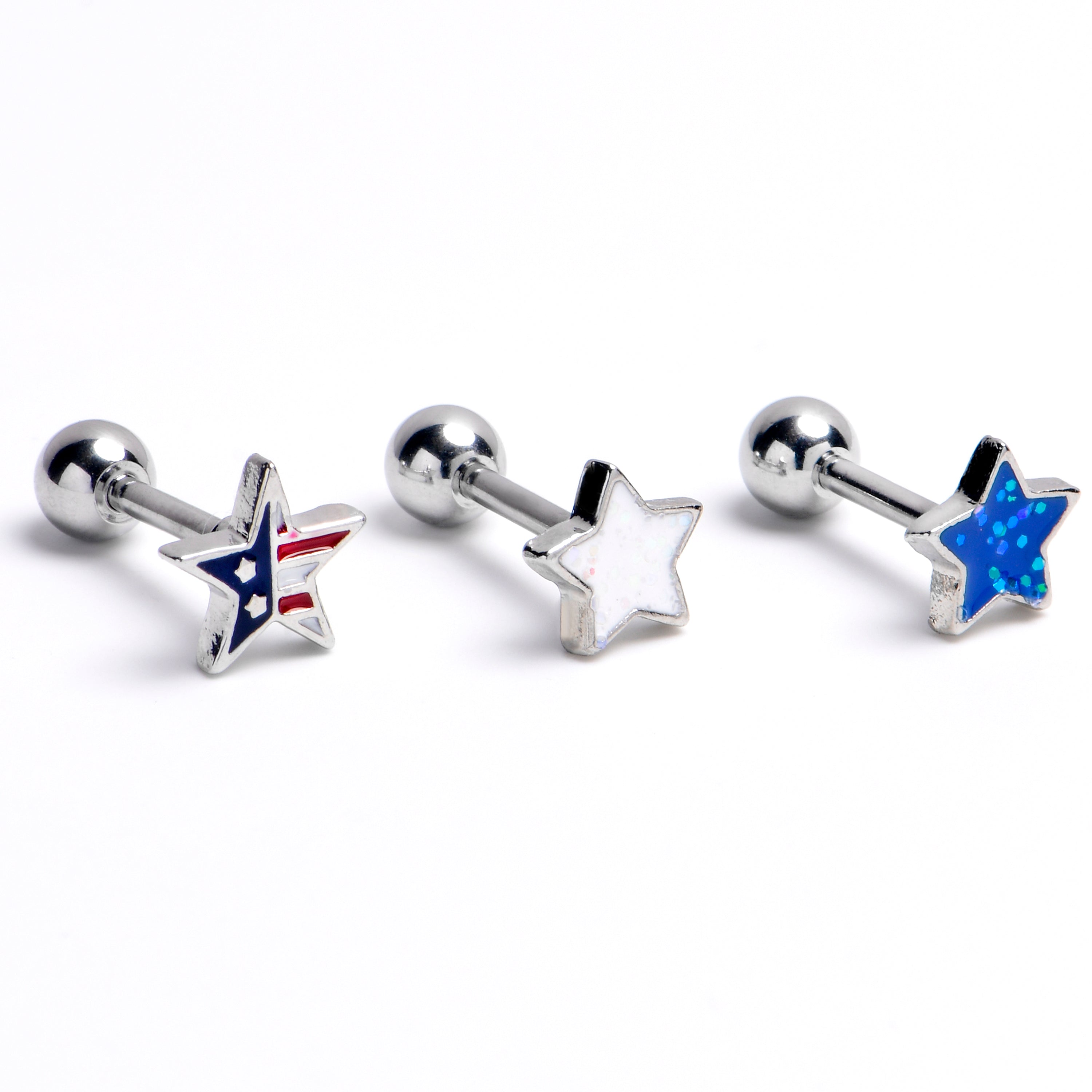 16G 1/4 Stars Flag Patriotic Cartilage Tragus Earring Curation Set of 3