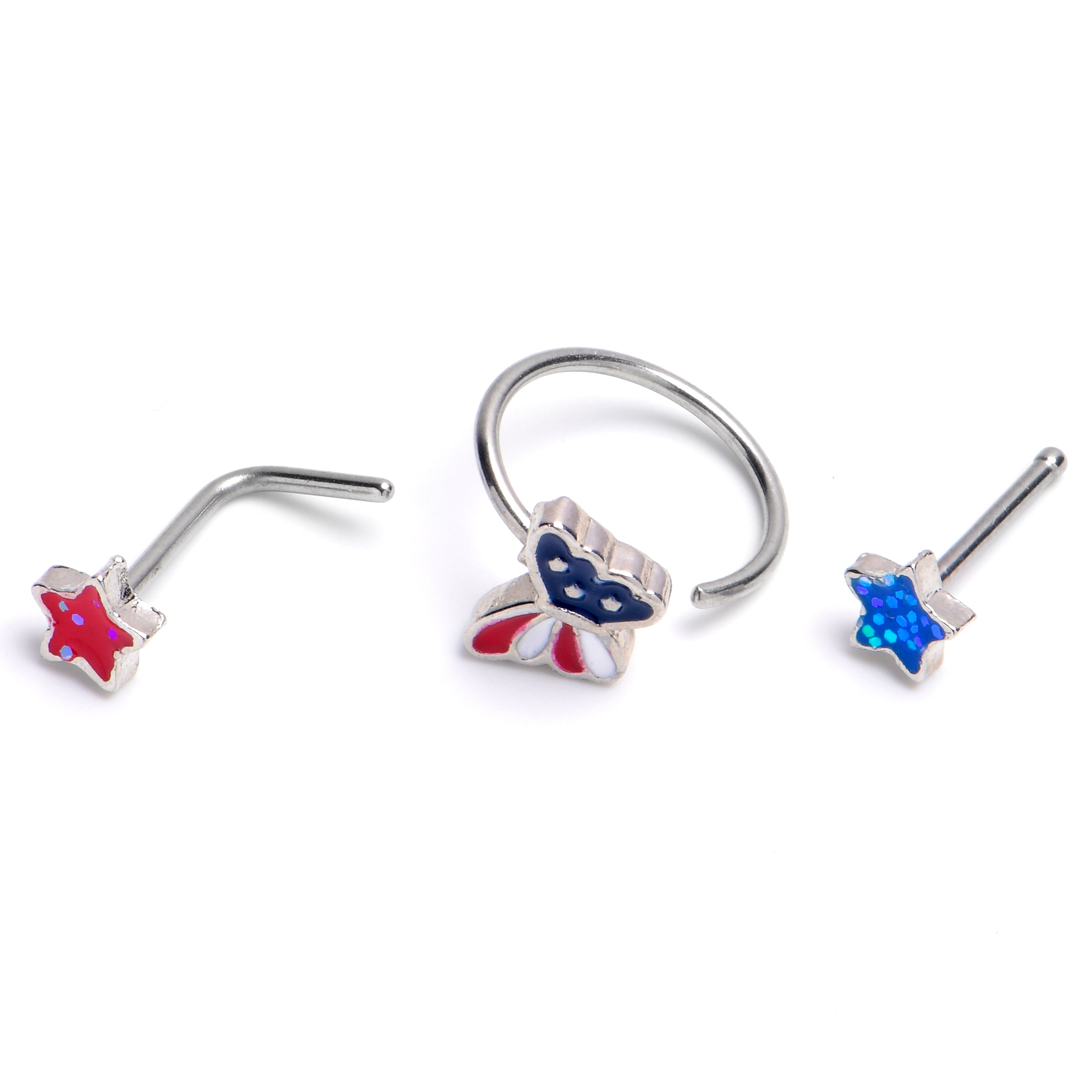 20G 1/4 Patriotic Star Butterfly Nose Hoop Bone Set of 3