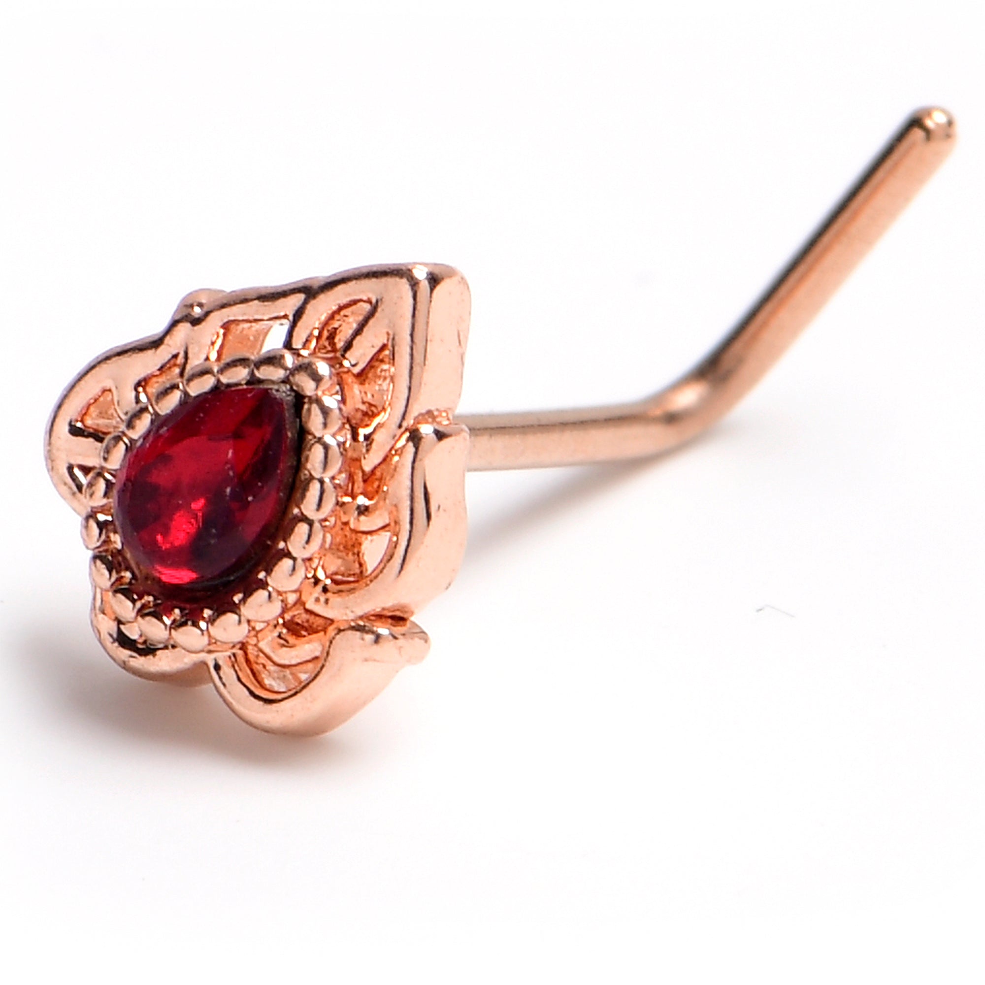 20G 7mm Red Gem Rose Gold Tone Simple Drop L Shape Nose Ring