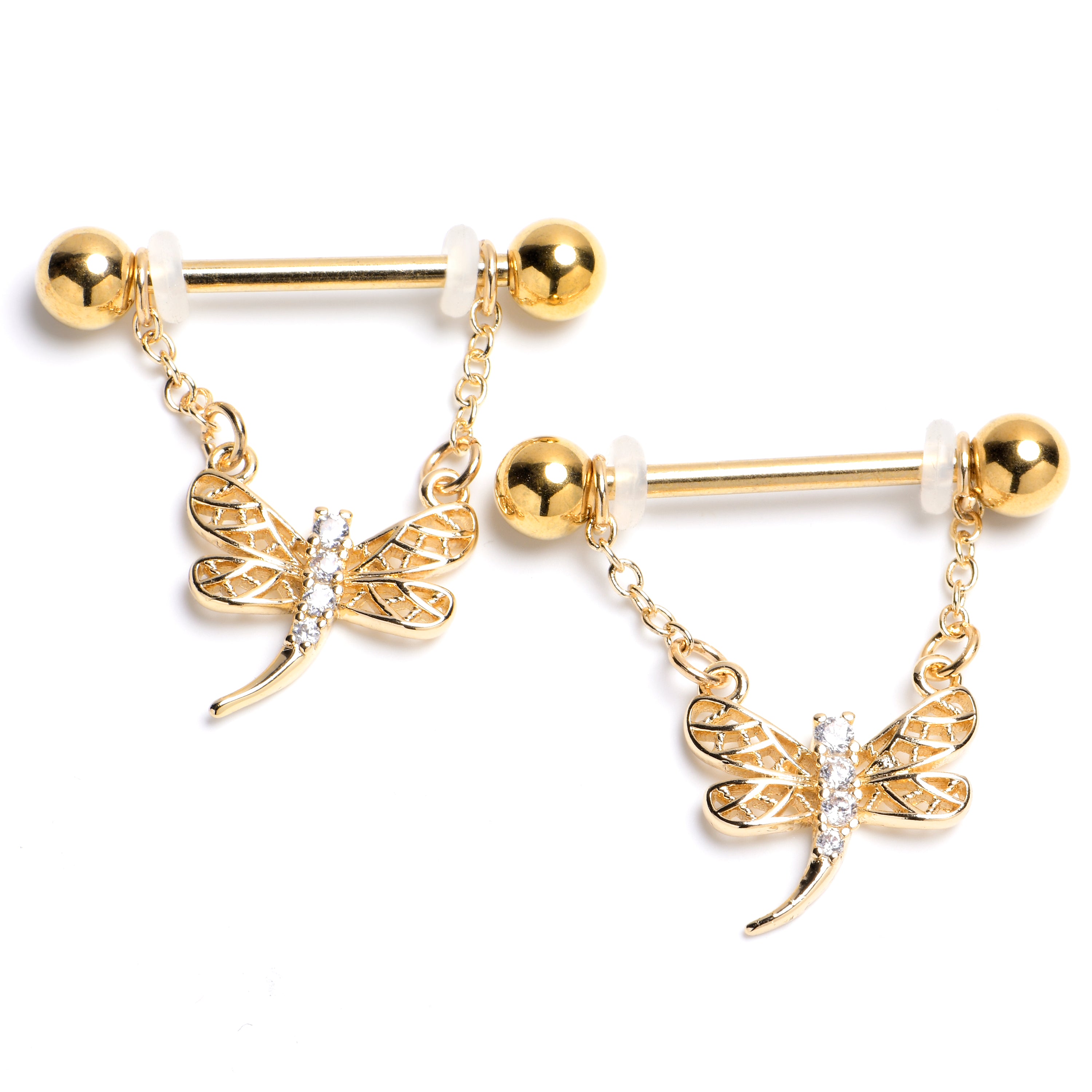 14G 9/16 Clear Gem Gold Hue Filigree Dragonfly Dangle Nipple Ring Set