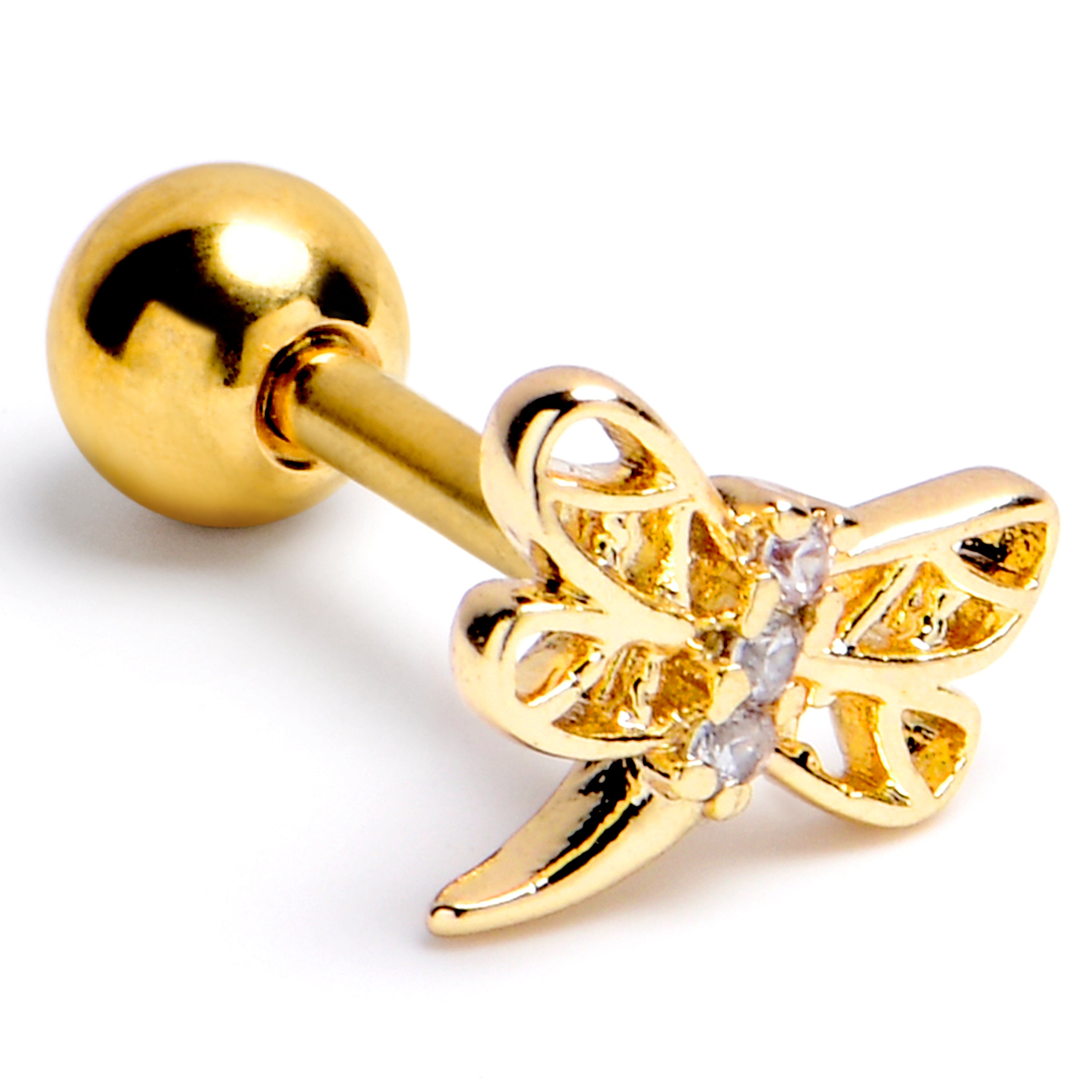 16G 1/4 Clear Gem Gold Tone Filigree Dragonfly Cartilage Earring