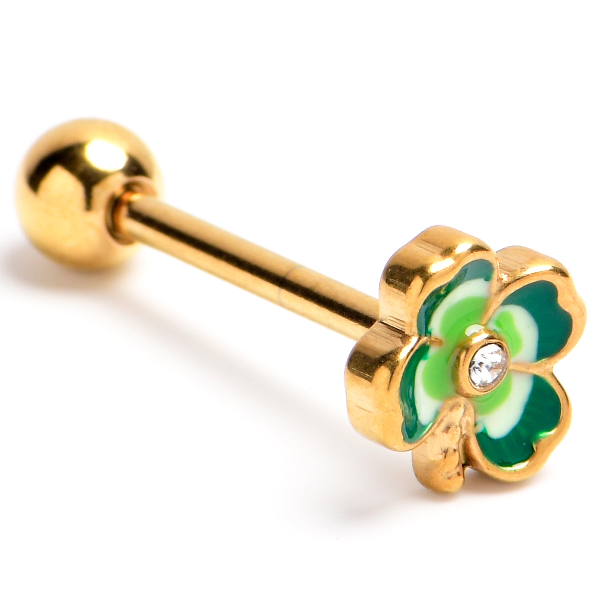 Clear Gem Gold Tone Lucky Shamrock Barbell Tongue Ring