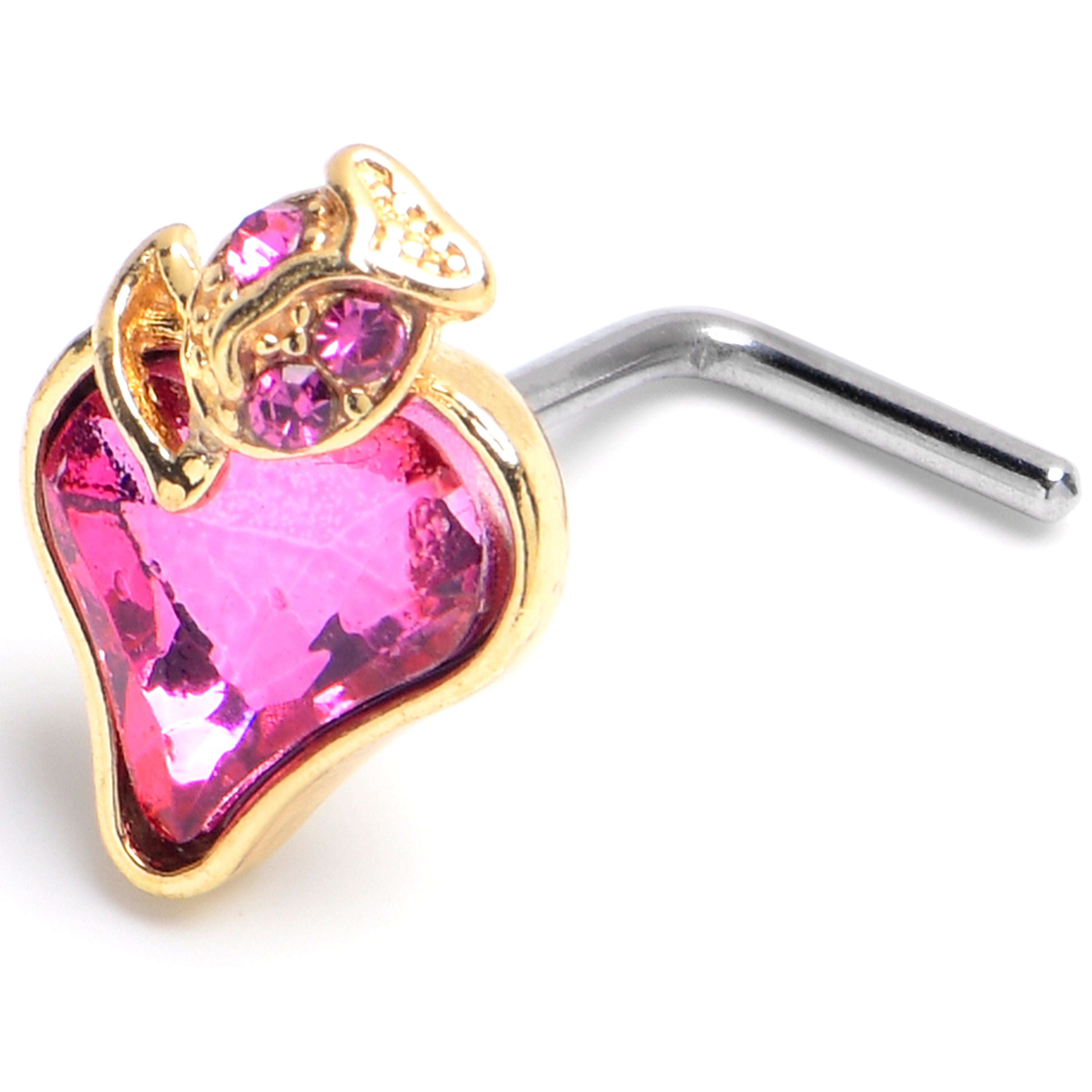 20G 1/4 Pink Gem Strawberry Love Golden L Shape Nose Ring