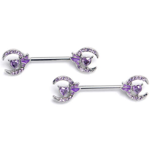14 Gauge 9/16 Purple Gem Butterfly Heart Moon Barbell Nipple Ring Set