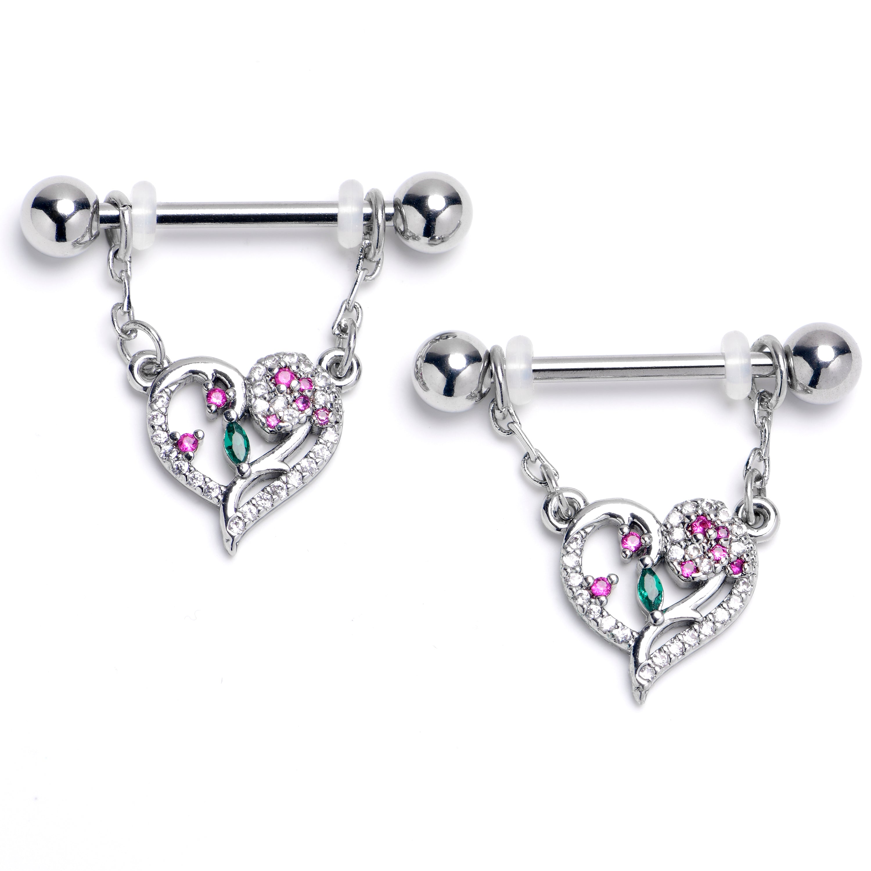 14G 9/16 Emerald Passion CZ Gem Heart Dangle Nipple Ring Set