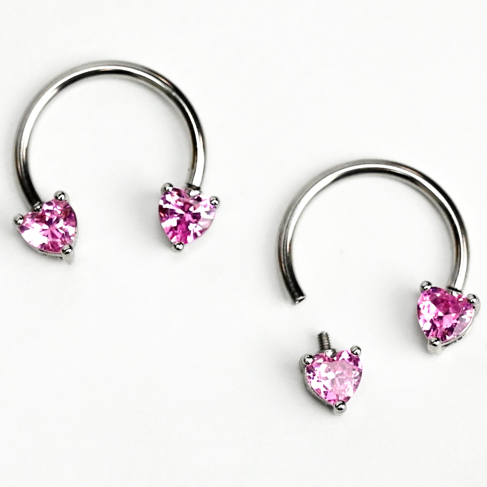 14G 9/16 Pink Gem Heart Internally Threaded Horseshoe Nipple Ring Set