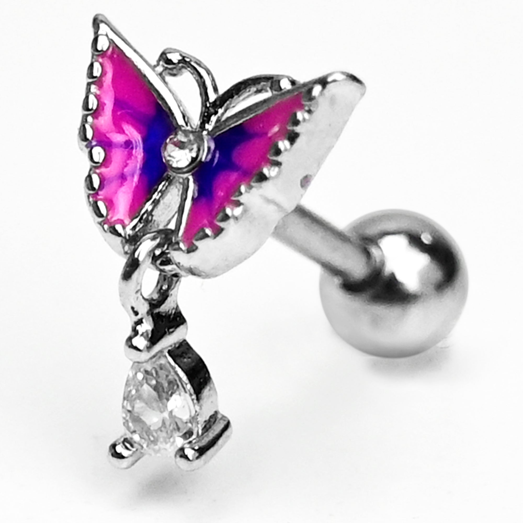 16G 1/4 Clear Gem Butterfly Pink Dangle Cartilage Tragus Earring