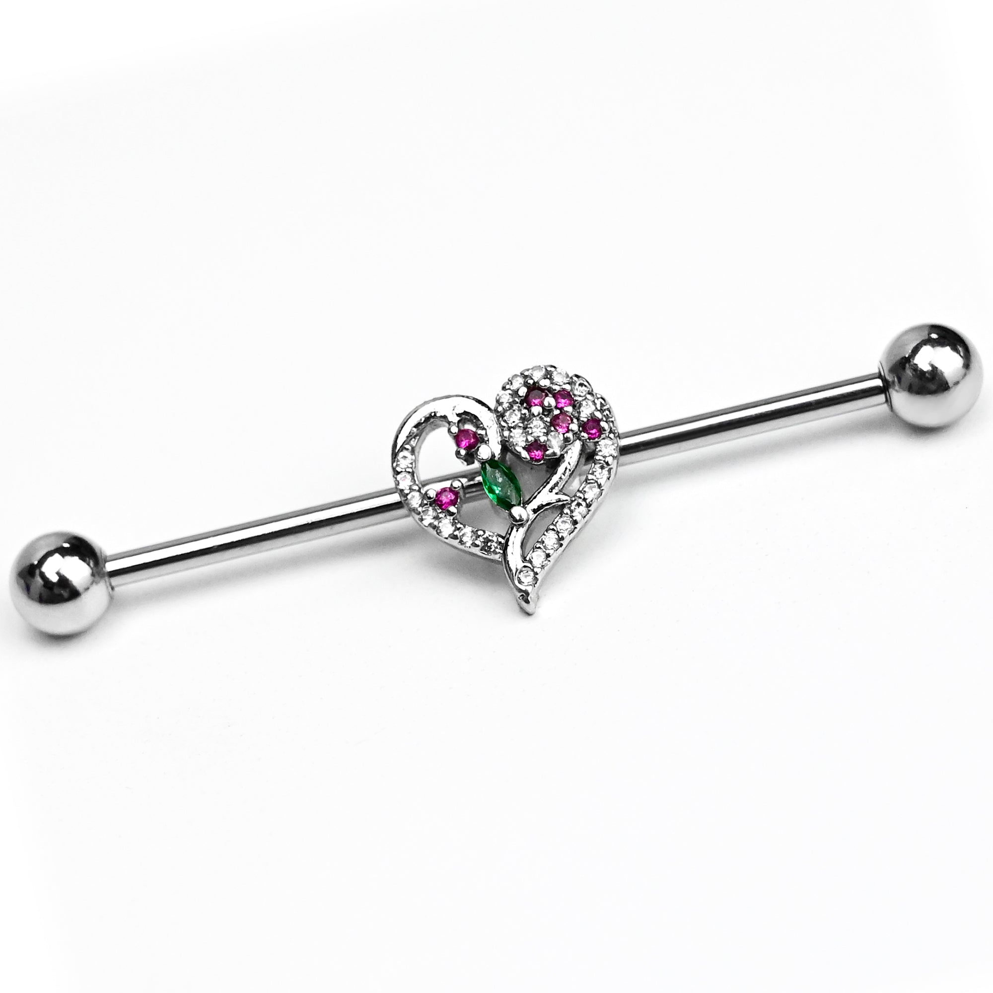 14G Emerald Passion Gem Heart Industrial Barbell 38mm