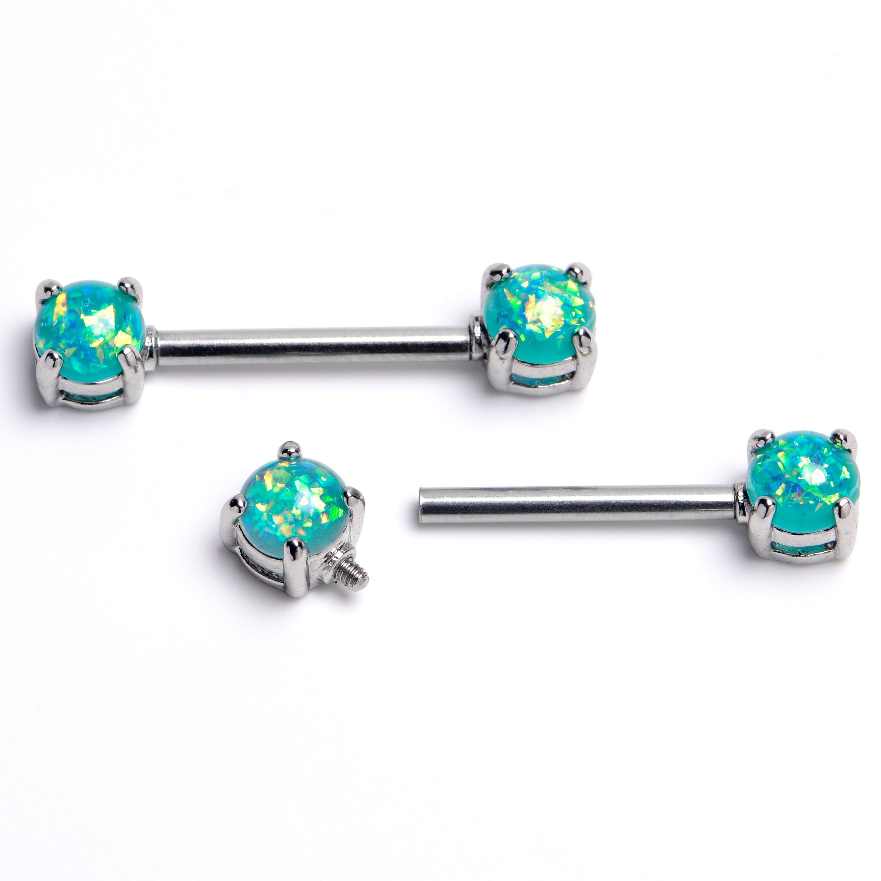14G Green Faux Opal Internally Threaded Barbell Nipple Ring Set