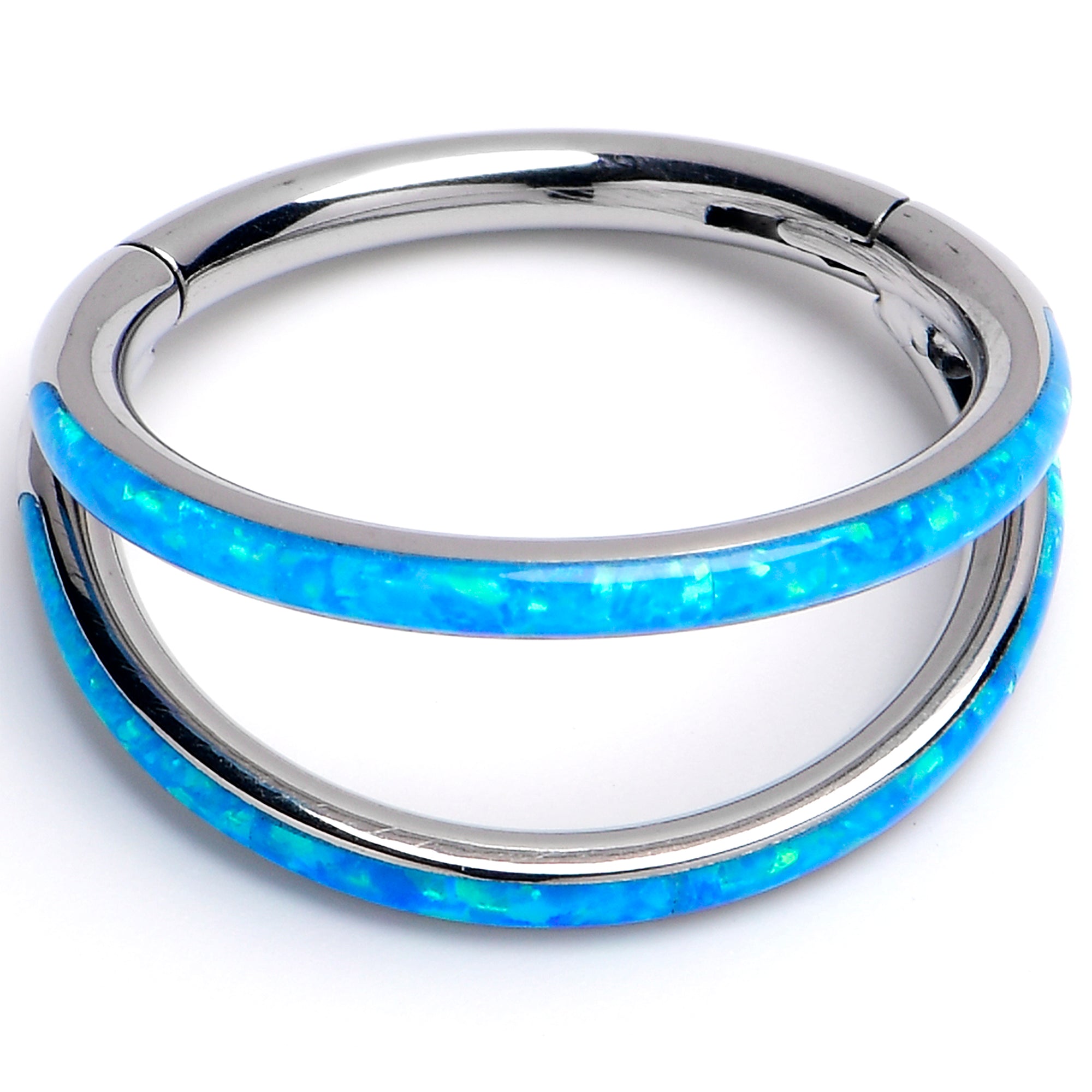 16 Gauge 3/8 Blue Synthetic Opal ASTM F-136 Titanium Double Hinged Segment Ring