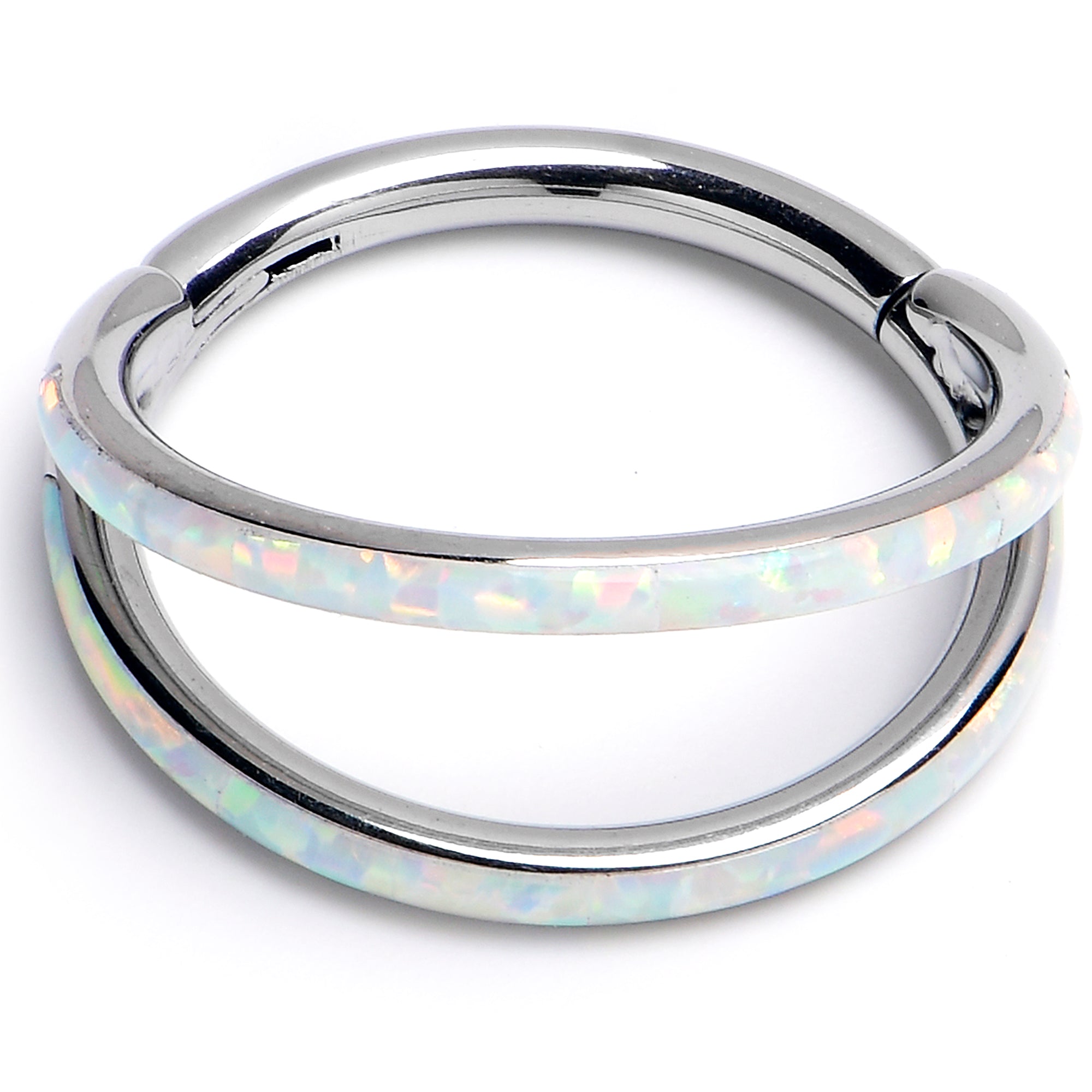 16 Gauge 3/8 White Synthetic Opal ASTM F-136 Implant Grade Titanium Double Hinged Segment Ring