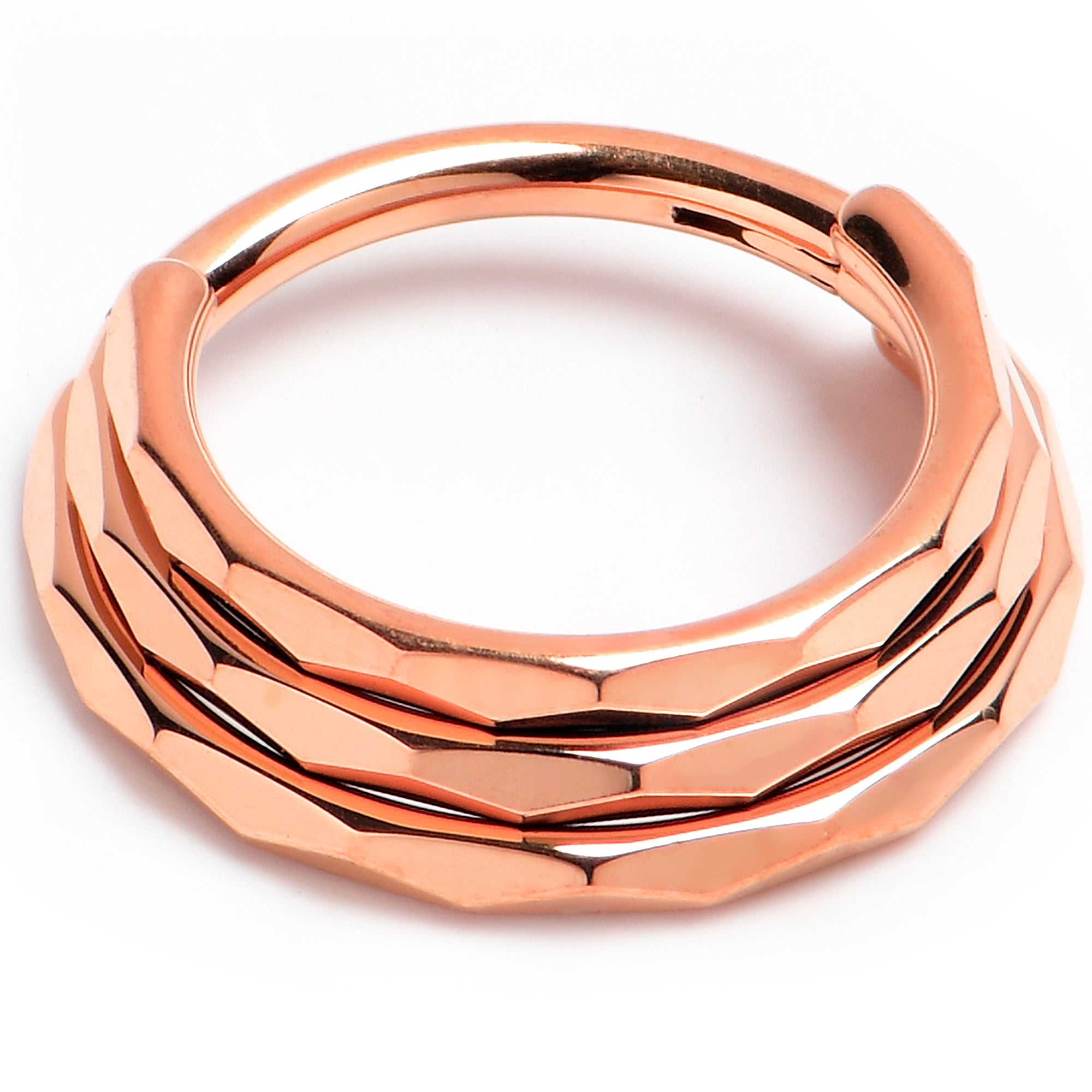 16 Gauge 3/8 Rose Gold PVD Faceted Triple Stack Hoop Titanium Hinged S