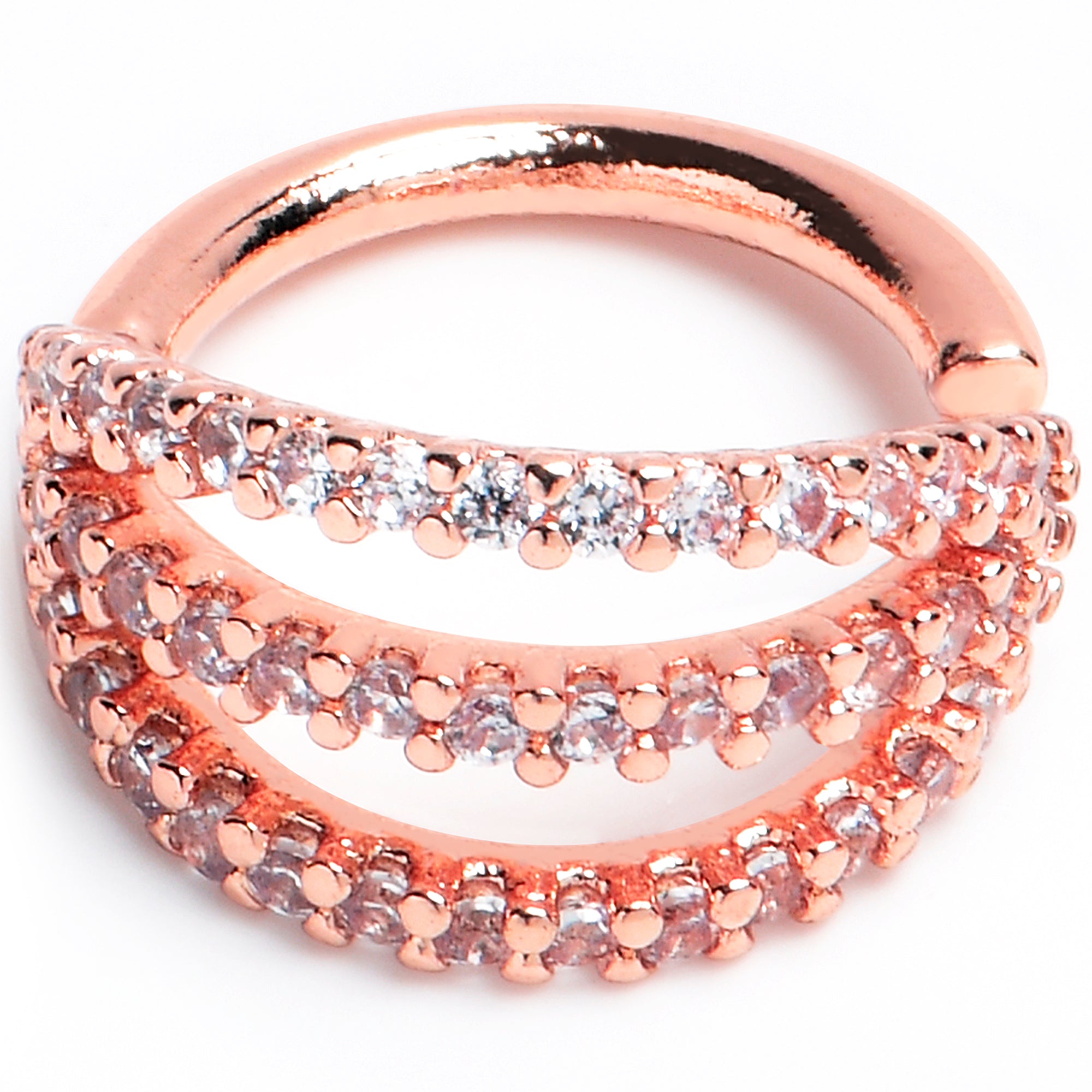 16G 5/16 Clear CZ Gem Rose Gold Tone Faux Triple Hoop Closure Ring