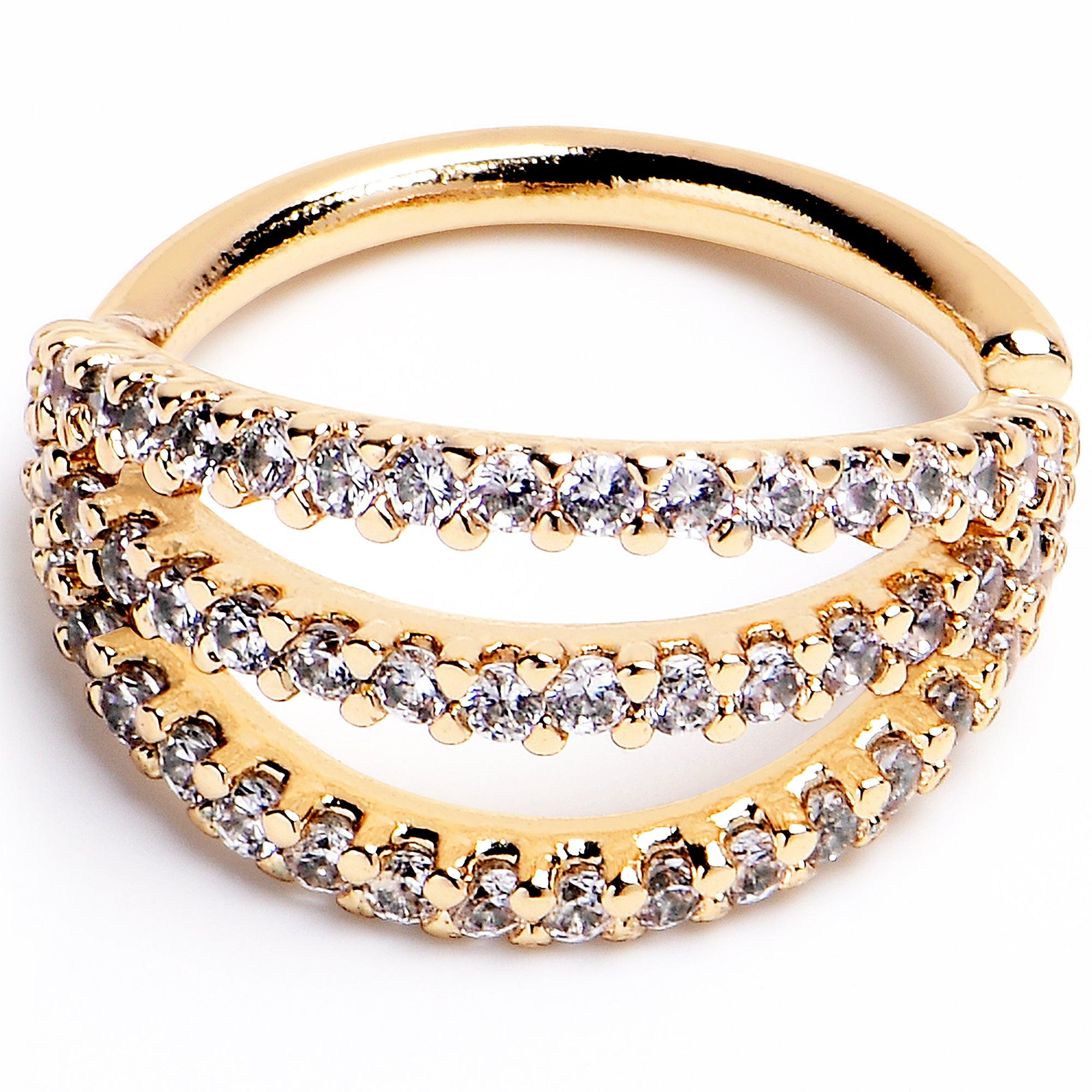 16G 3/8 Clear CZ Gem Gold Tone Faux Triple Hoop Closure Ring