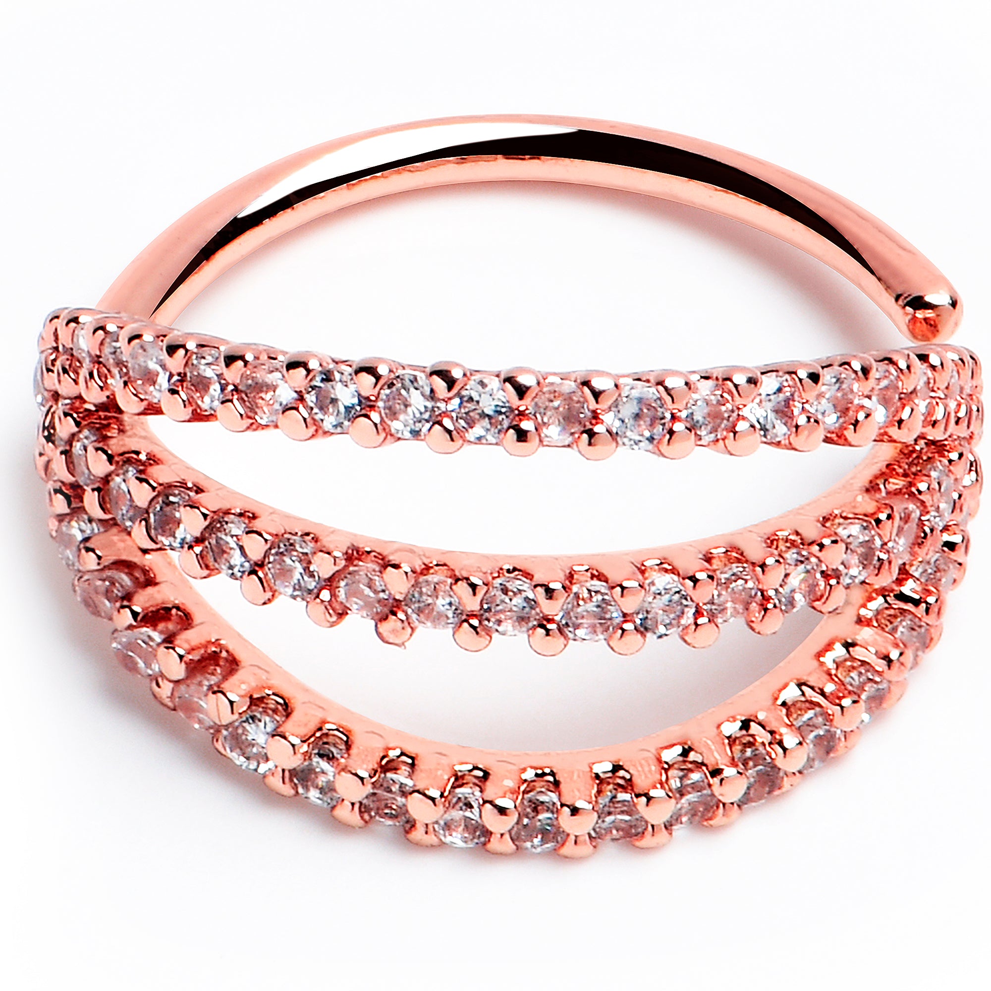 20G 3/8 Clear CZ Gem Rose Gold Tone Faux Triple Hoop Nose Hoop