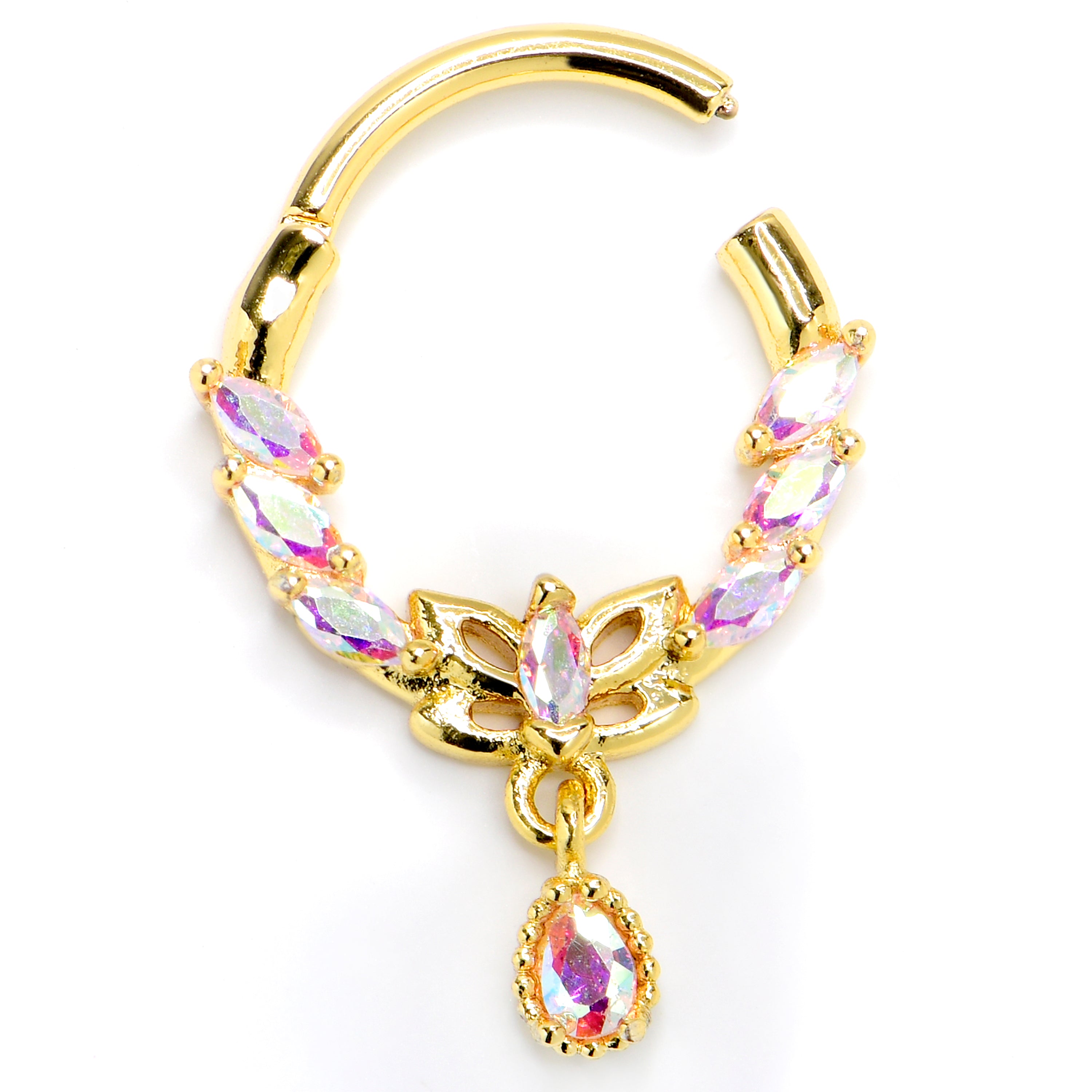 16G 3/8 Aurora CZ Gem Gold Tone Butterfly Wow Hinged Segment Ring