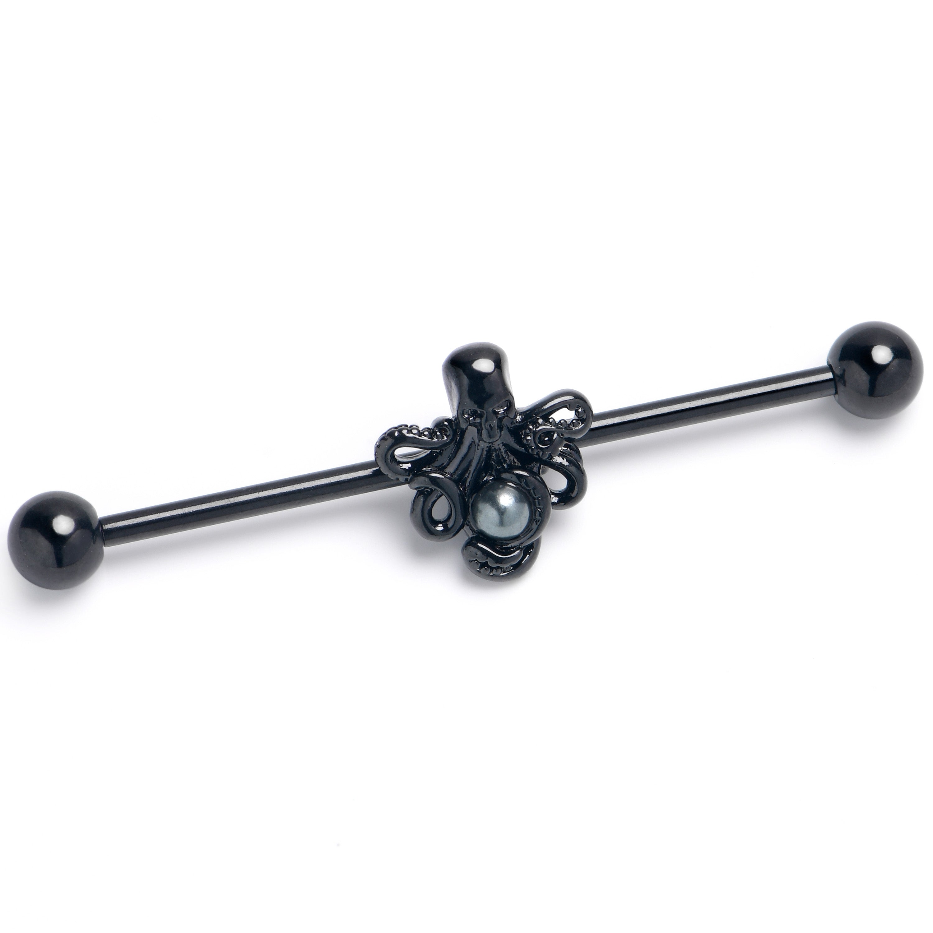 14G Black Faux Pearl Treasure Octopus Industrial Barbell 38mm