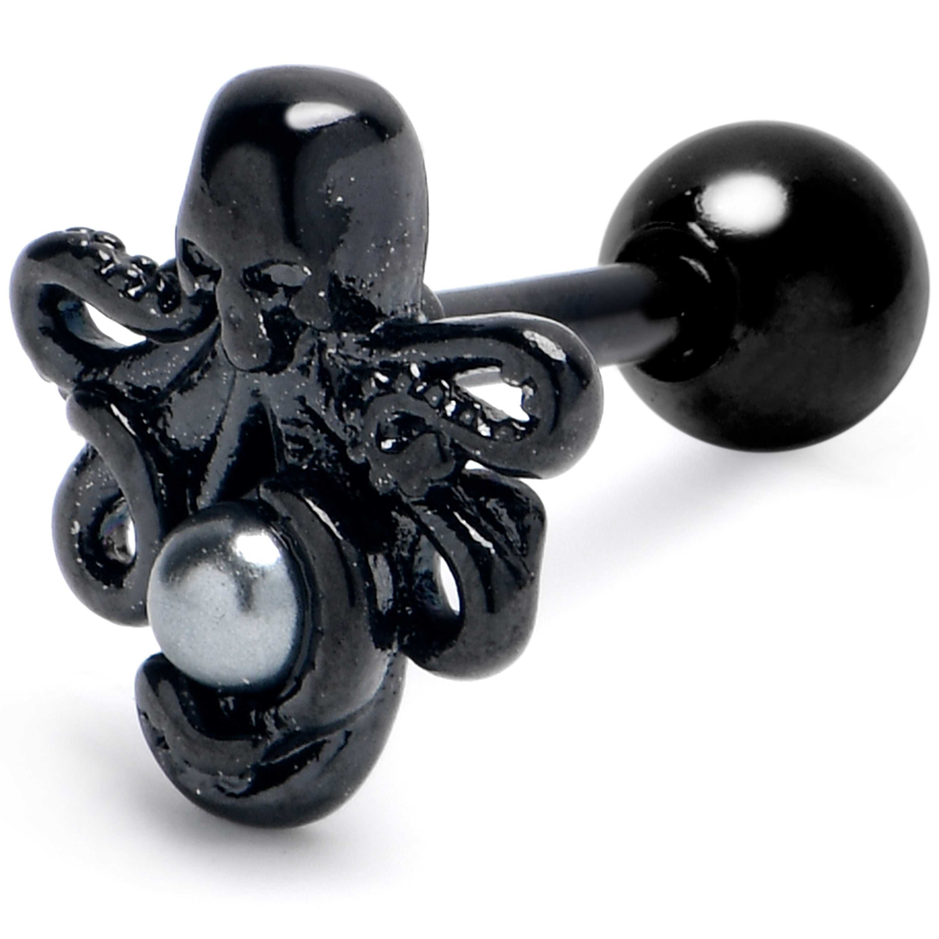 16G 1/4 Black Faux Pearl Treasure Octopus Cartilage Tragus Earring