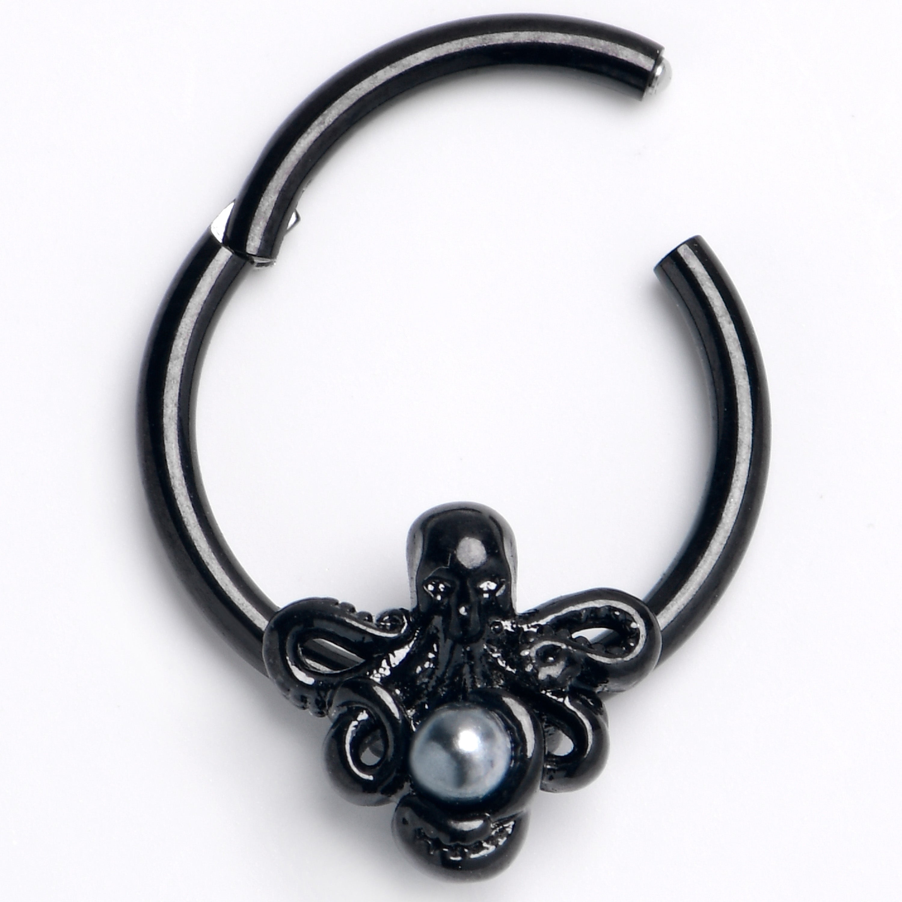16G 3/8 Black  Faux Pearl Treasure Octopus Hinged Segment Ring
