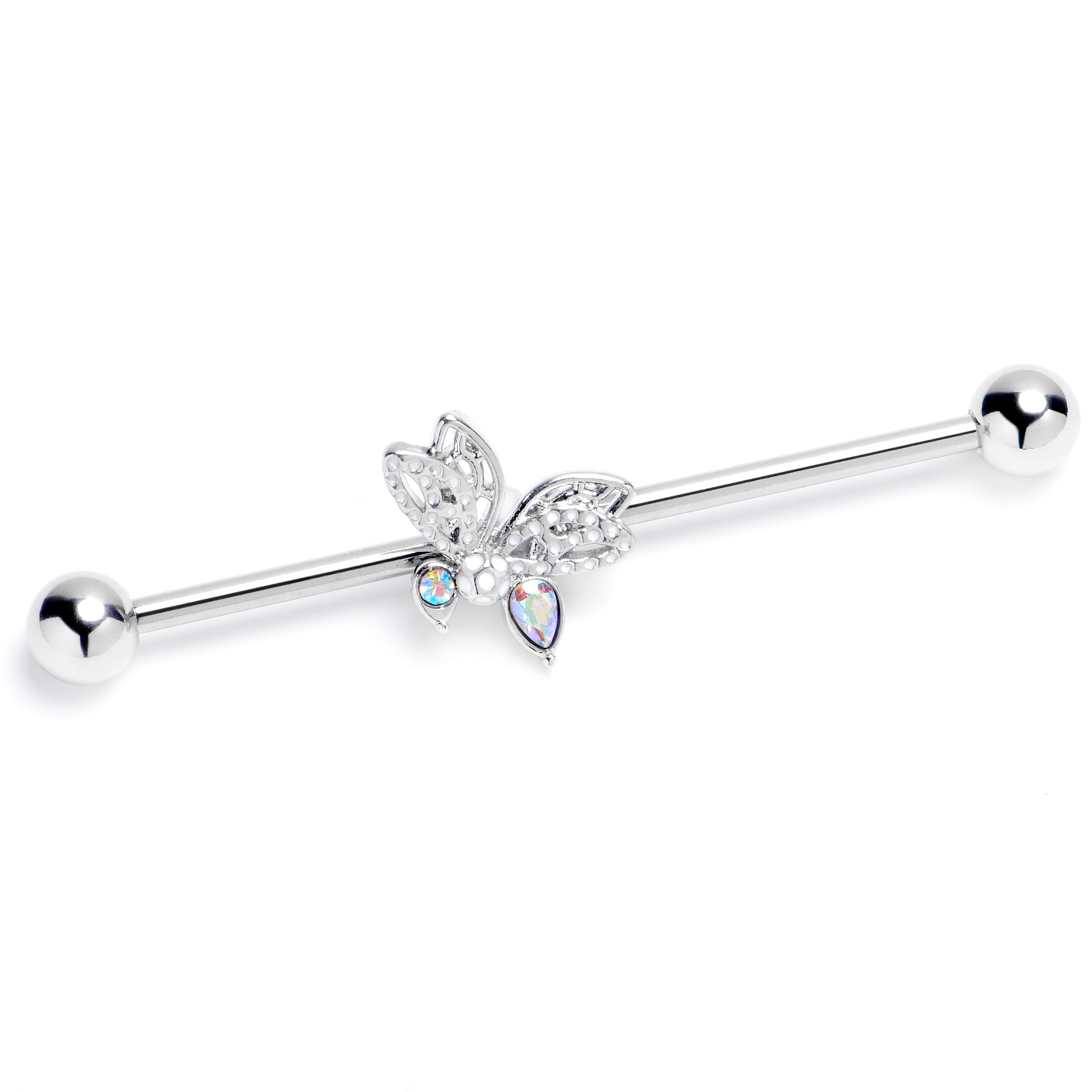 14G Clear Aurora Gem Ultra Drama Butterfly Industrial Barbell 38mm
