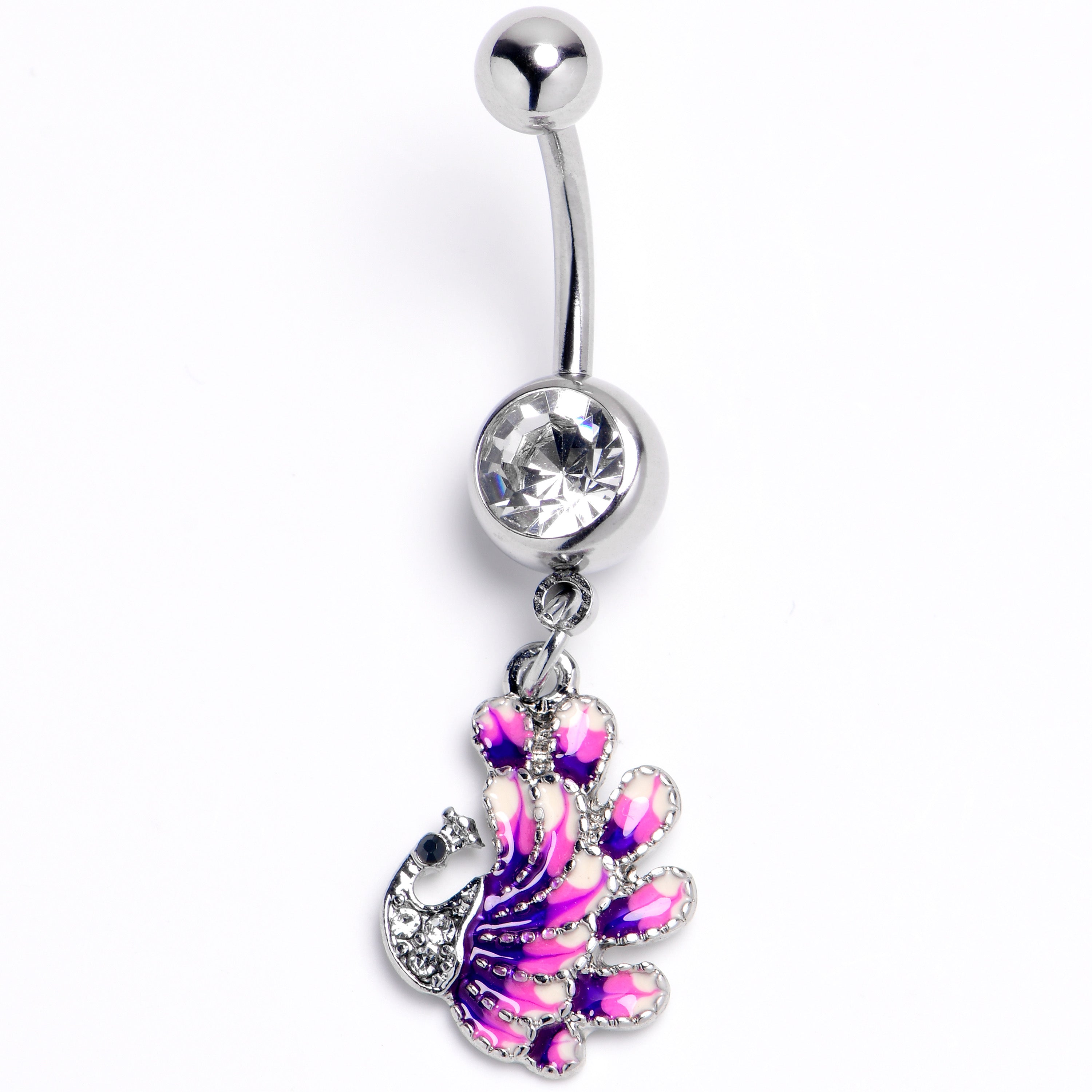 Clear Gem Peacock Purple Dangle Belly Ring