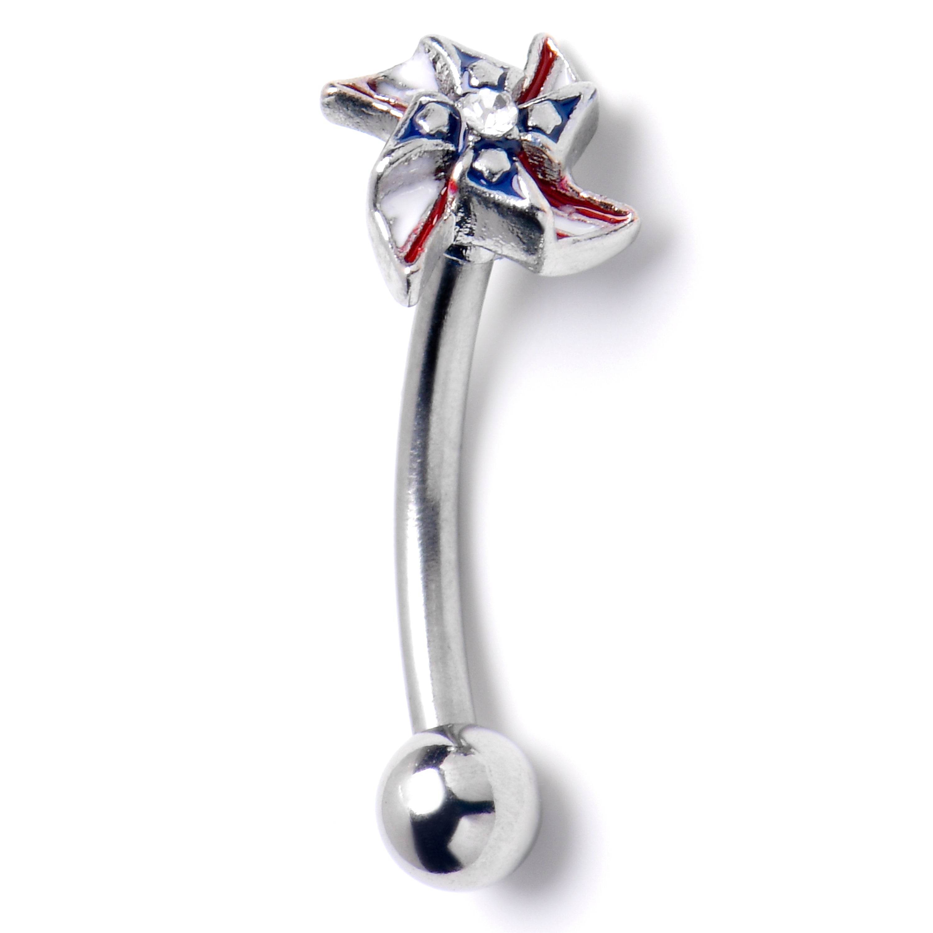 16G 5/16 Clear Gem Festive Patriot Pinwheel Curved Eyebrow Ring