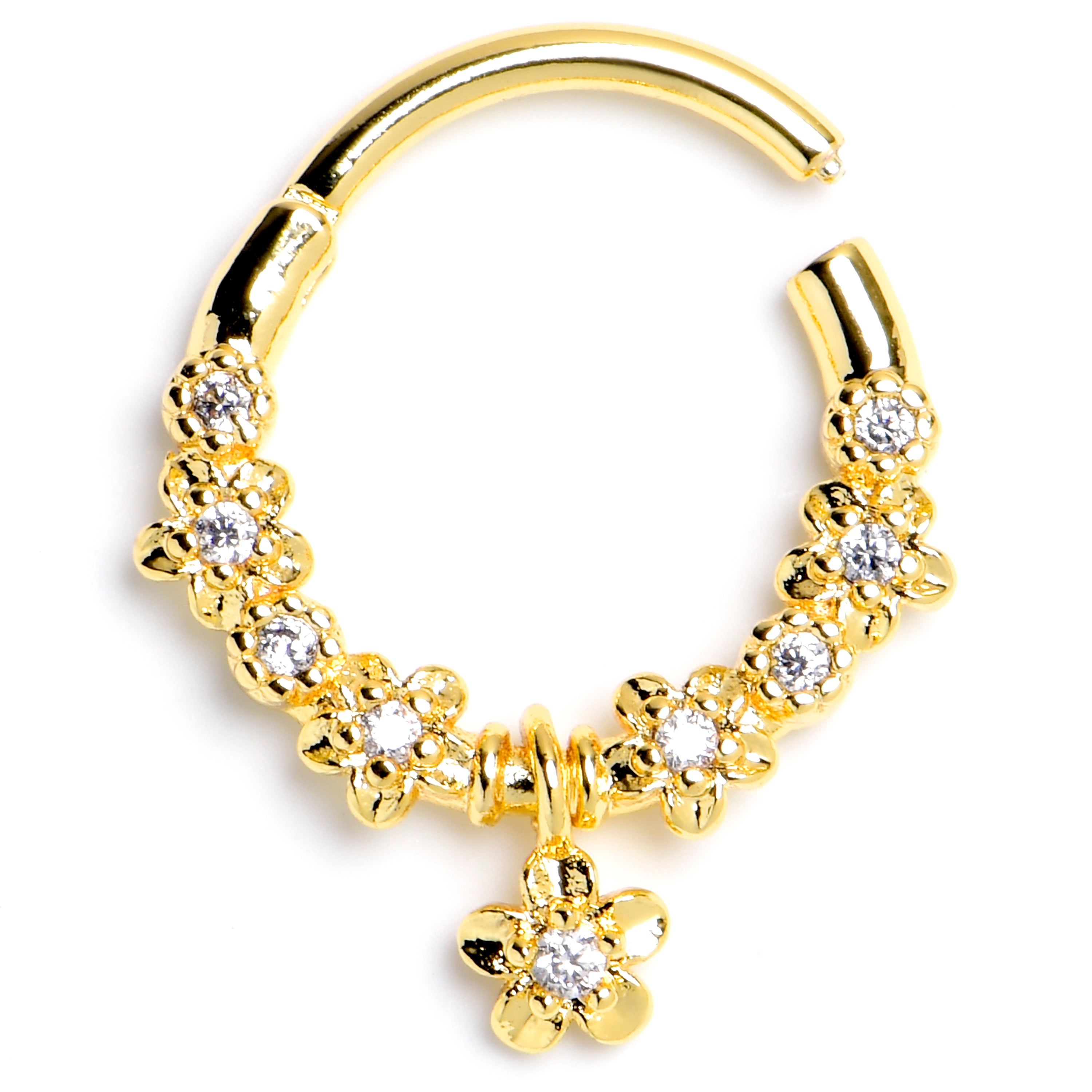 16G 3/8 Clear CZ Gem Gold Tone Glamour Bloom Hinged Segment Ring