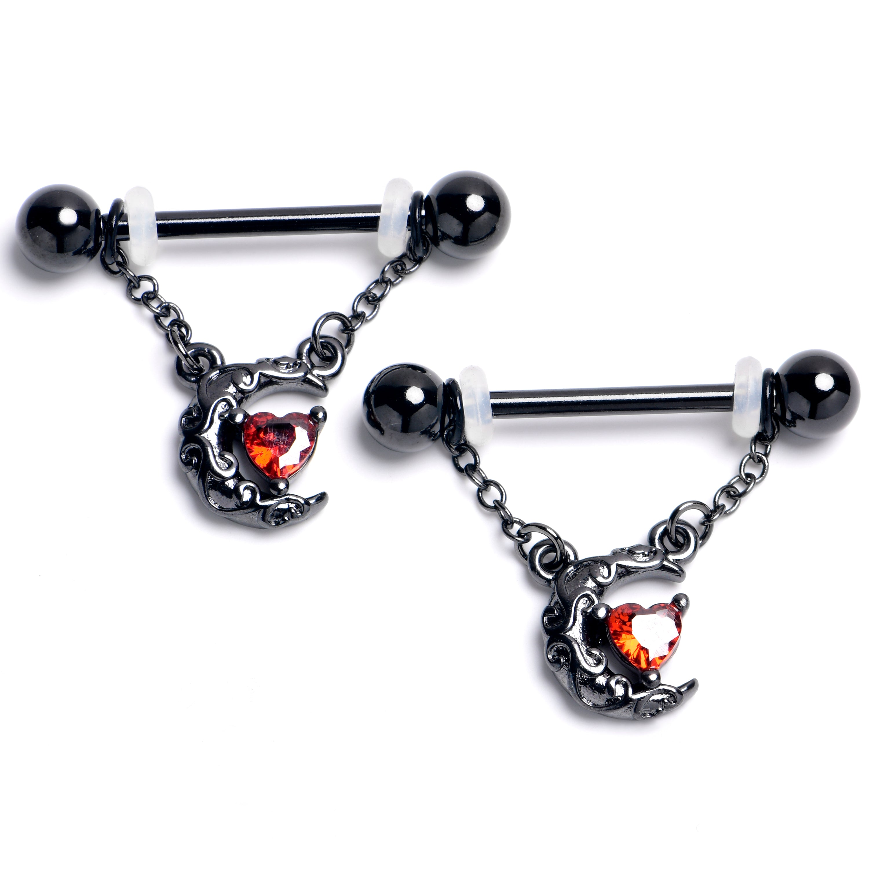 14G 9/16 Red Gem Black Scroll Moon Chain Dangle Nipple Ring Set