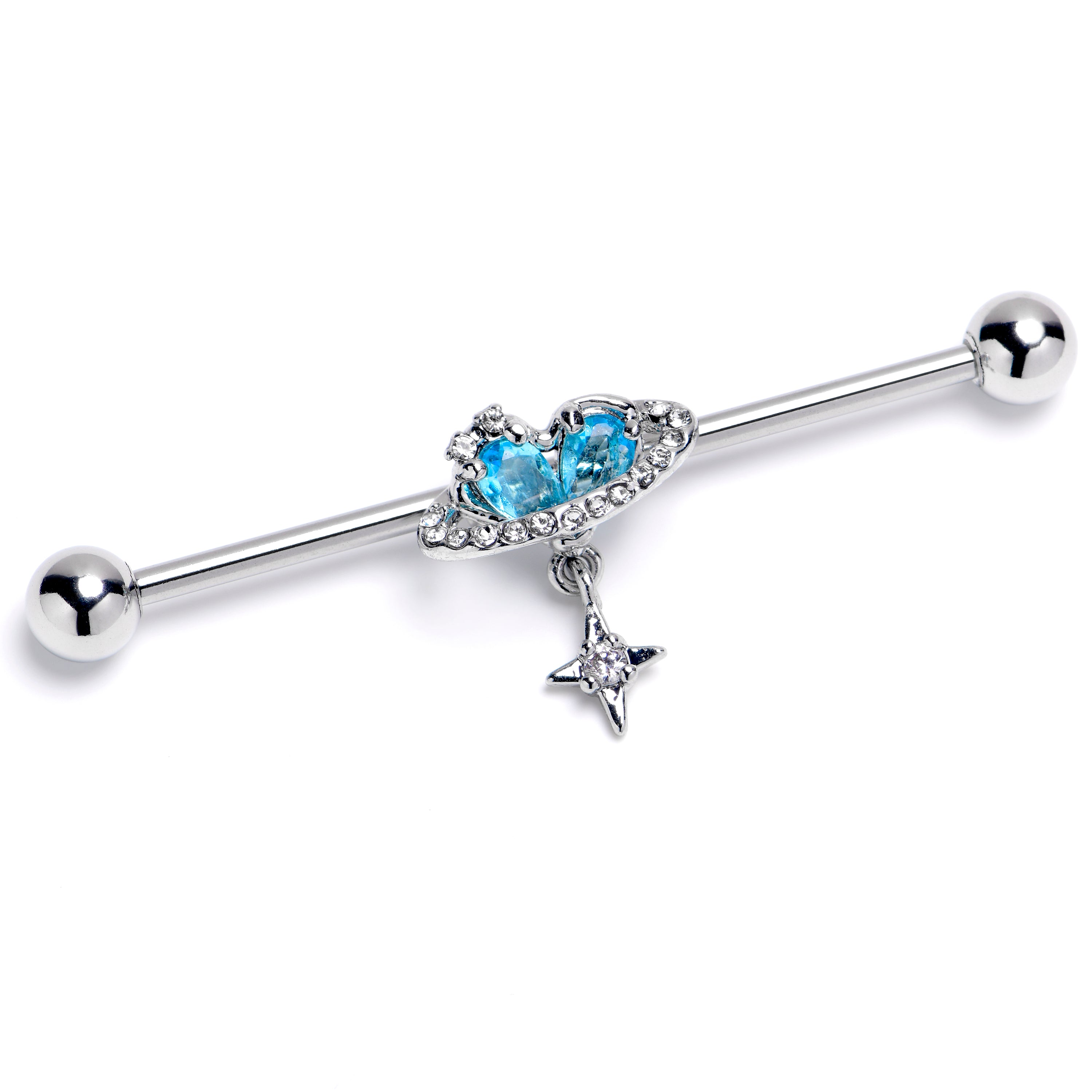14G Blue Clear CZ Gem Starry Heart Dangle Industrial Barbell 38mm