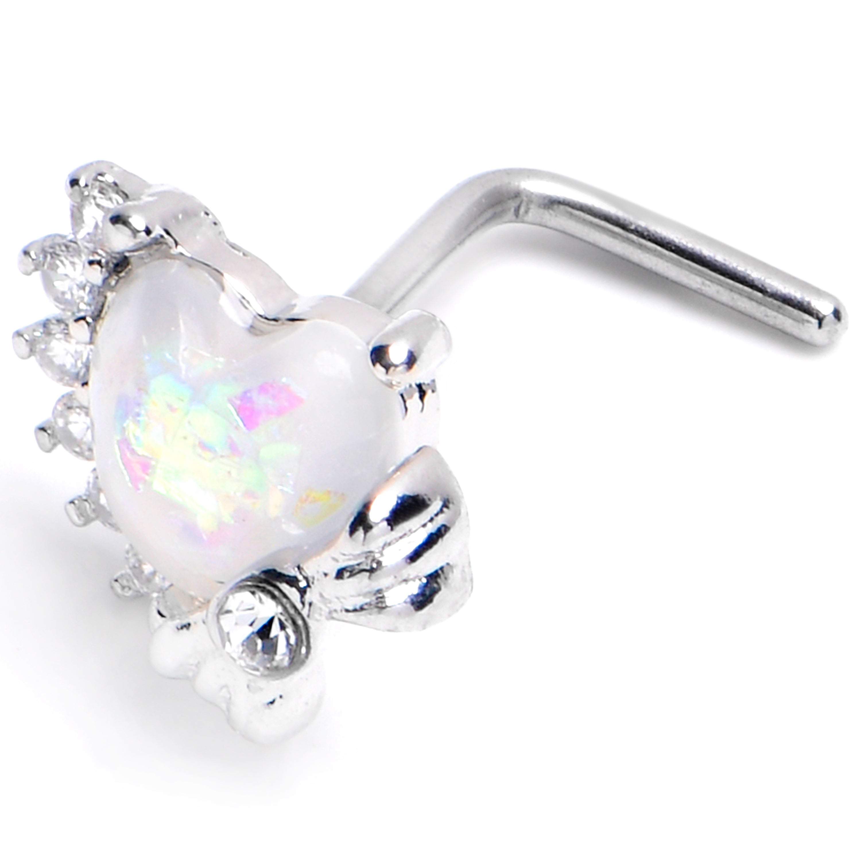 20 Gauge 7mm White Faux Opal Sunny Heart L Shape Nose Ring