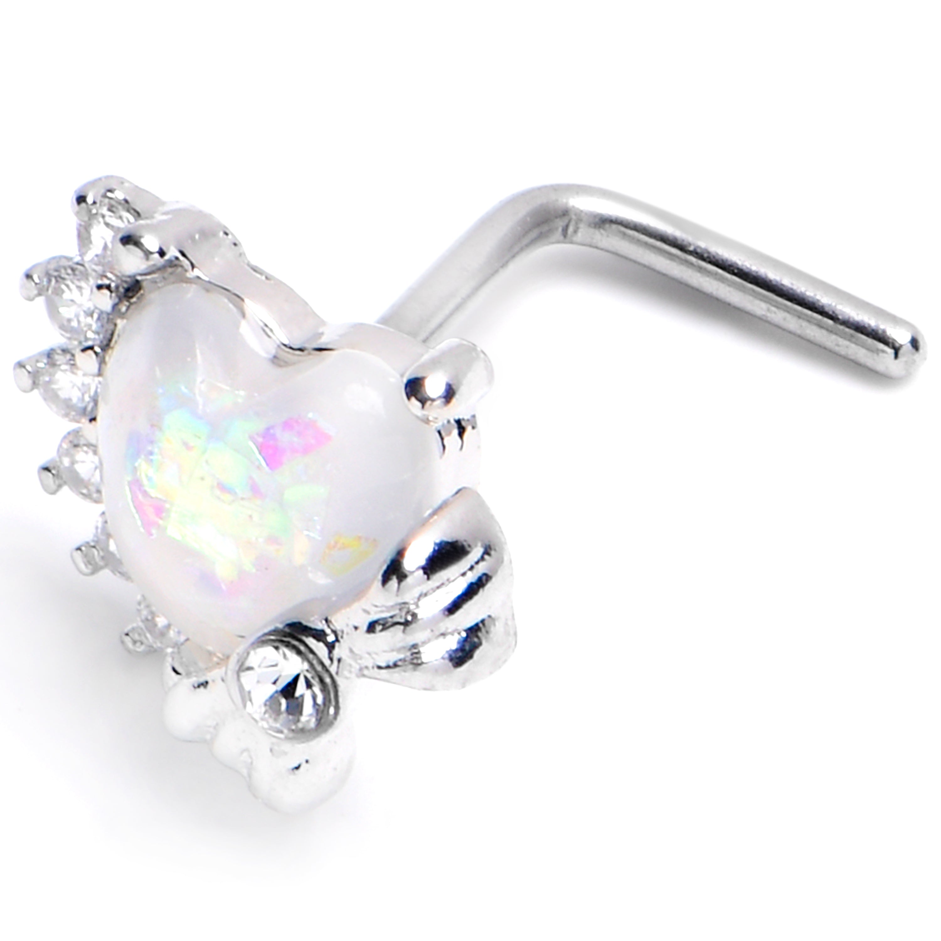 20G 7mm White Faux Opal Sunny Heart L Shape Nose Ring