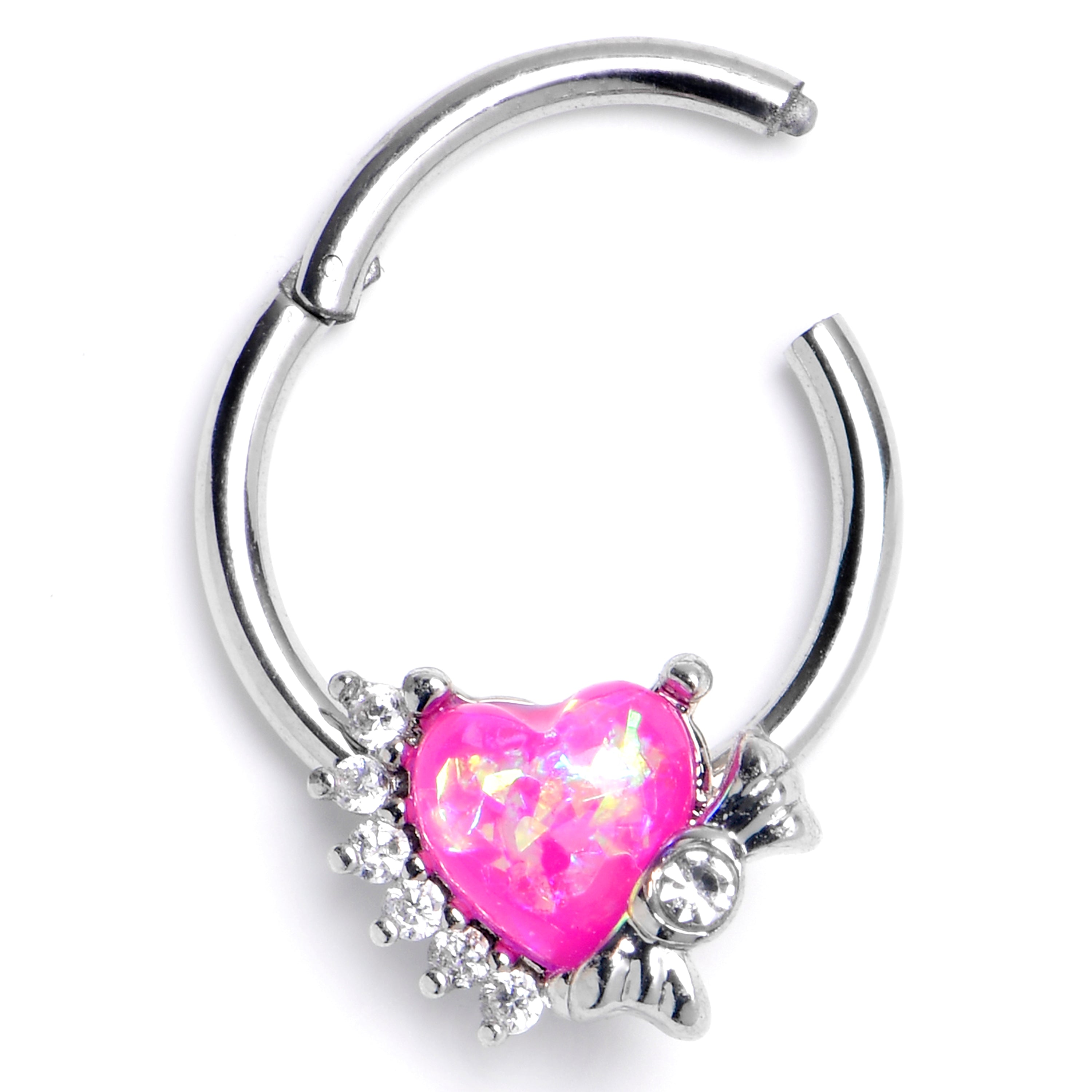 16G 3/8 Pink Faux Opal Sunny Heart Hinged Segment Ring
