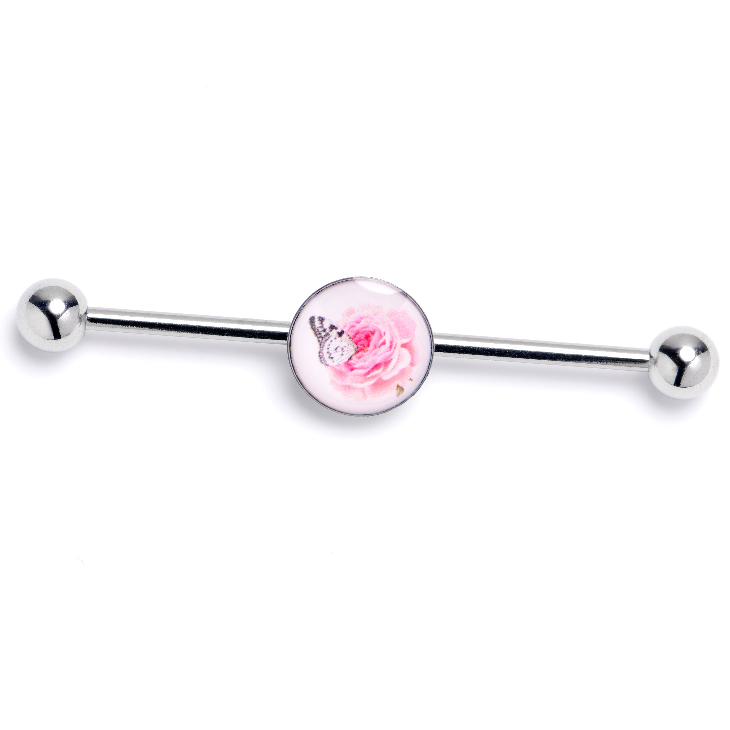 14G Butterfly Pink Rose Industrial Barbell 38mm
