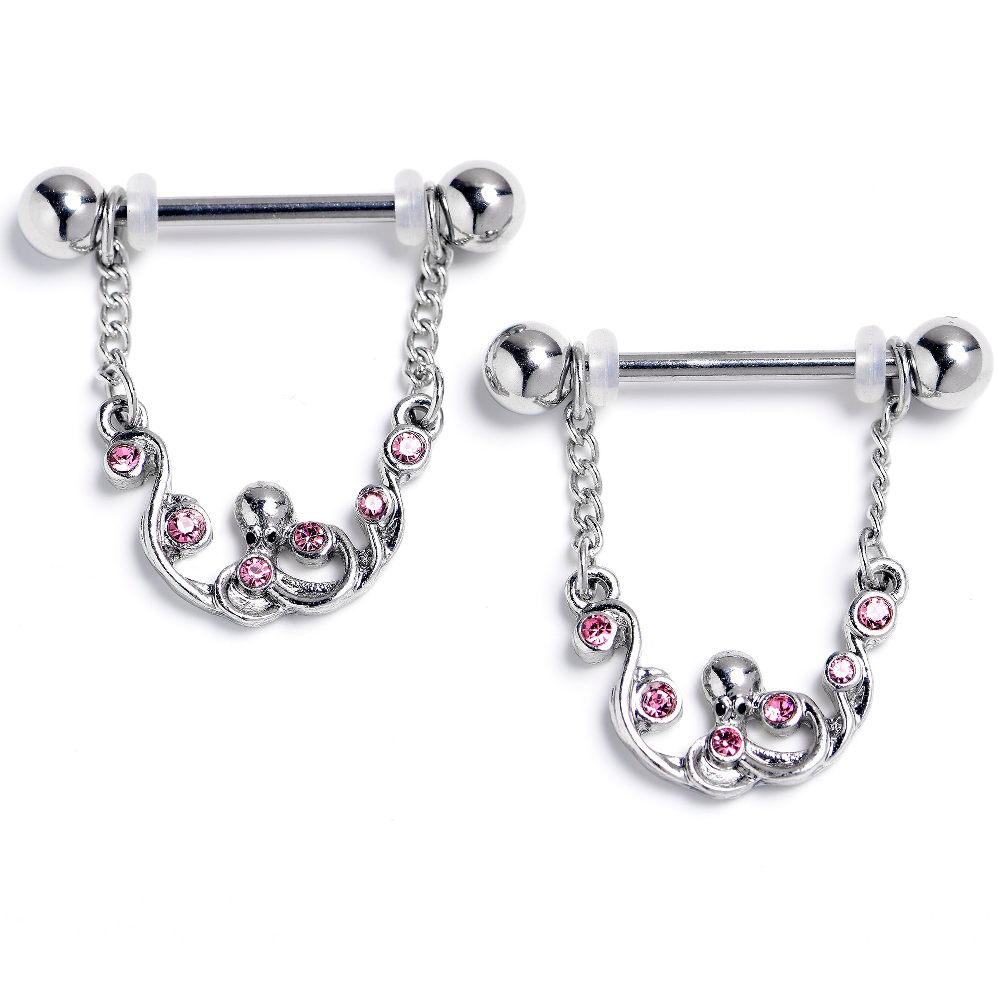 14G 9/16 Pink Gem Scrolling Elegance Dangle Nipple Ring Set