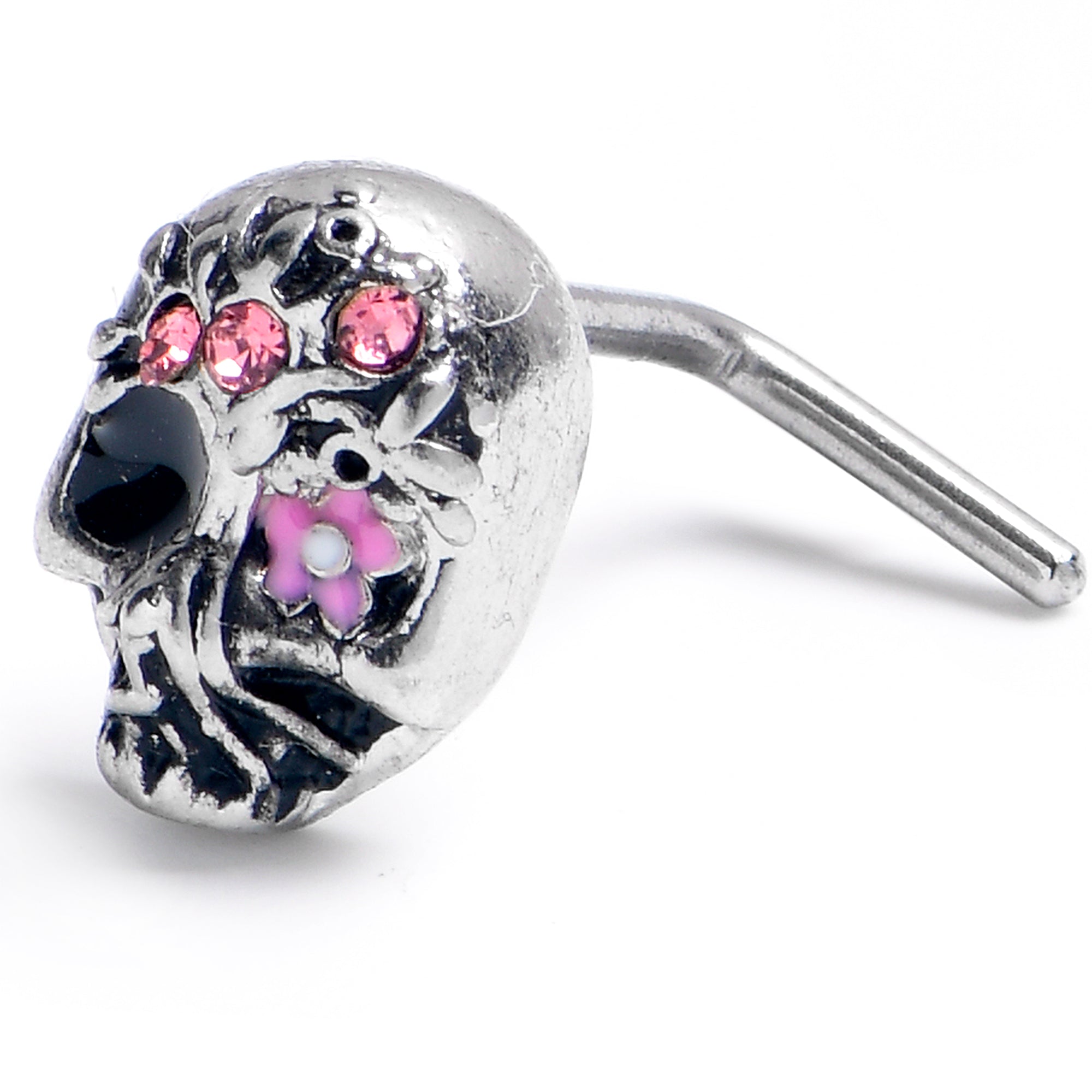 20G 7mm Pink CZ Gem Stylish Skull L Shape Nose Ring