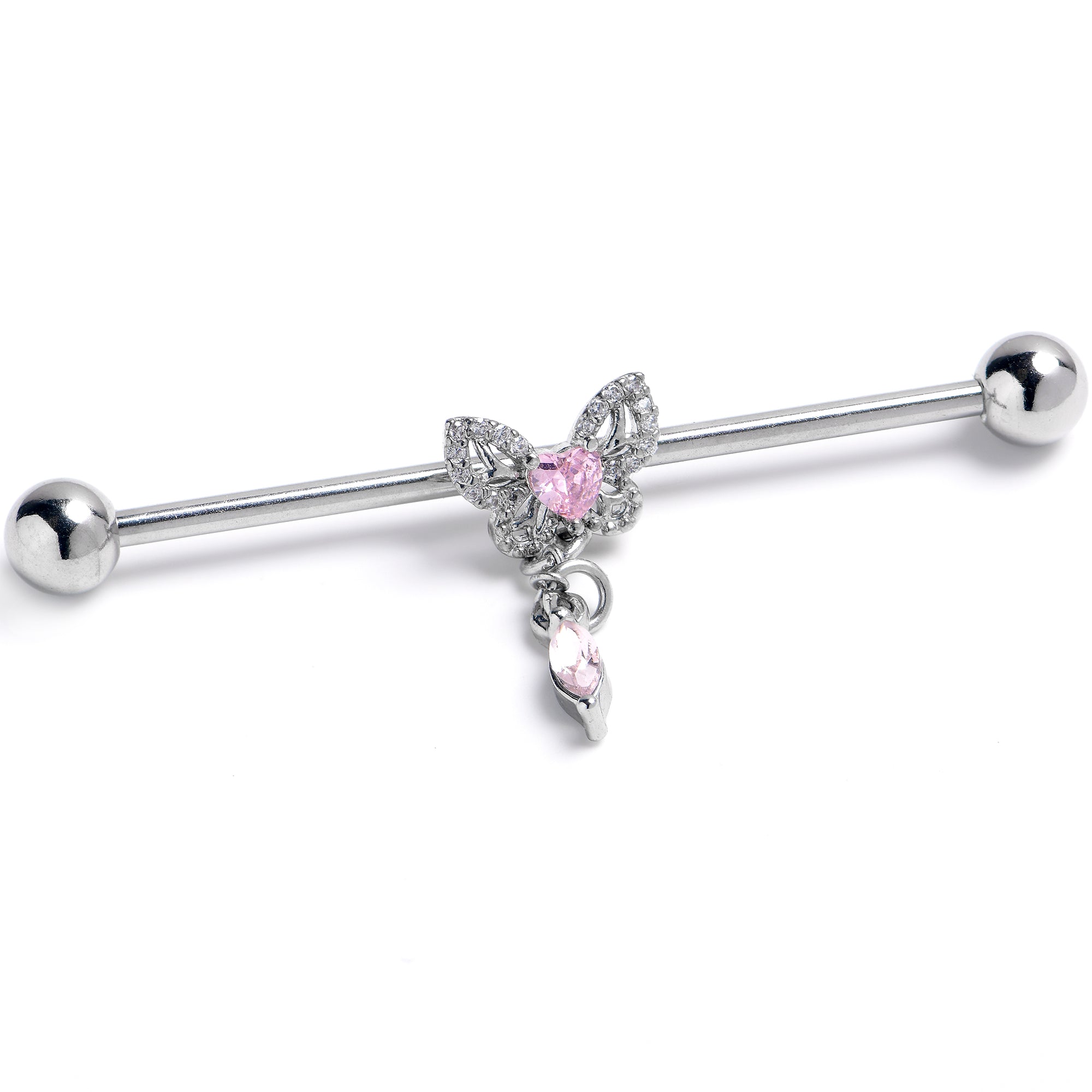 14 Gauge Clear Pink Gem Whimsical Butterfly Industrial Barbell 38mm