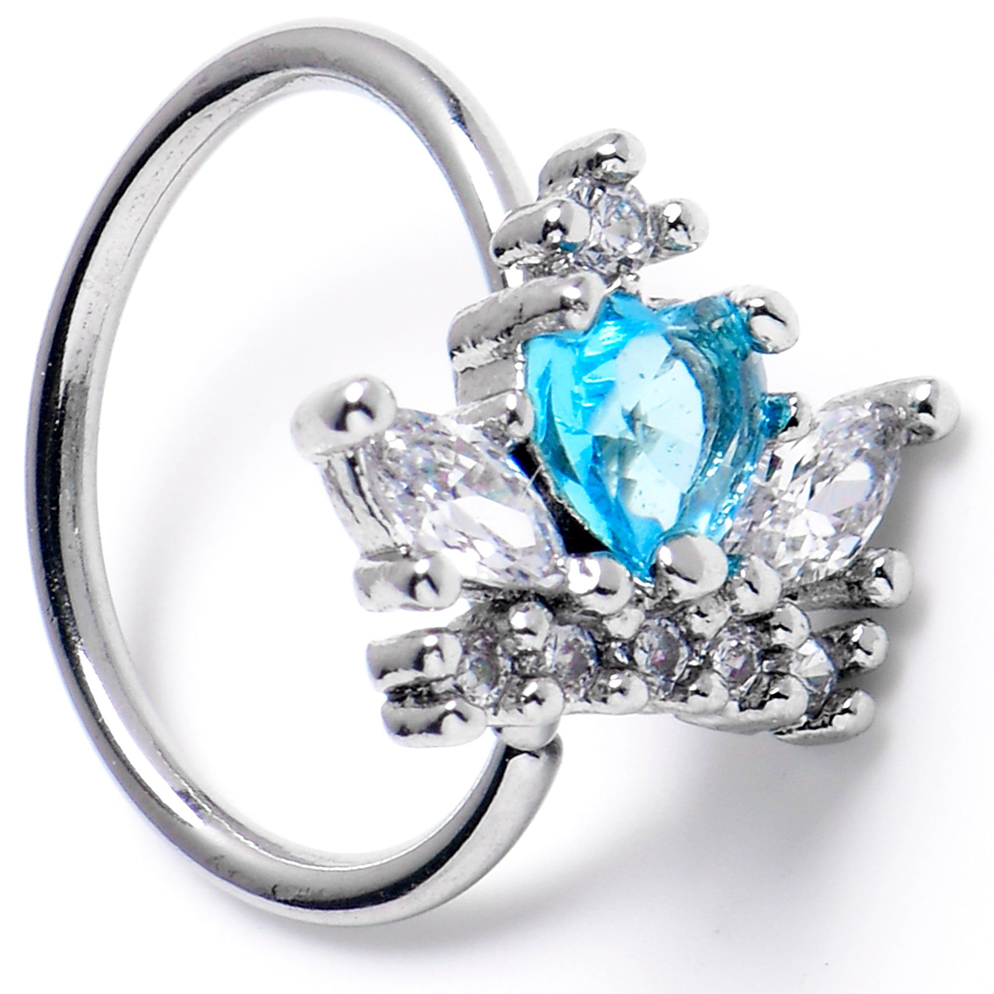 20G 5/16 Blue Clear CZ Gem Heart Crown Nose Hoop
