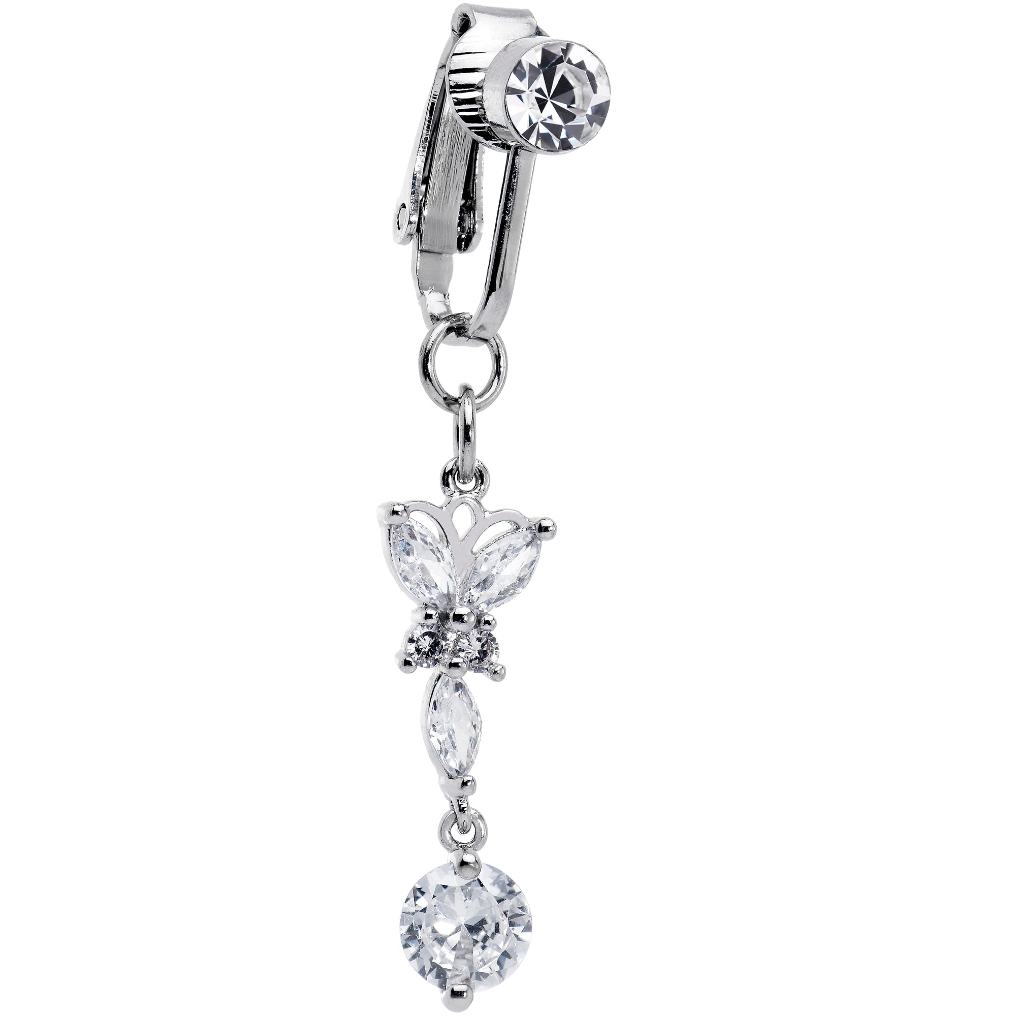 Clear CZ Gem Butterfly Baroque Drop Dangle Clip on Fake Belly Ring
