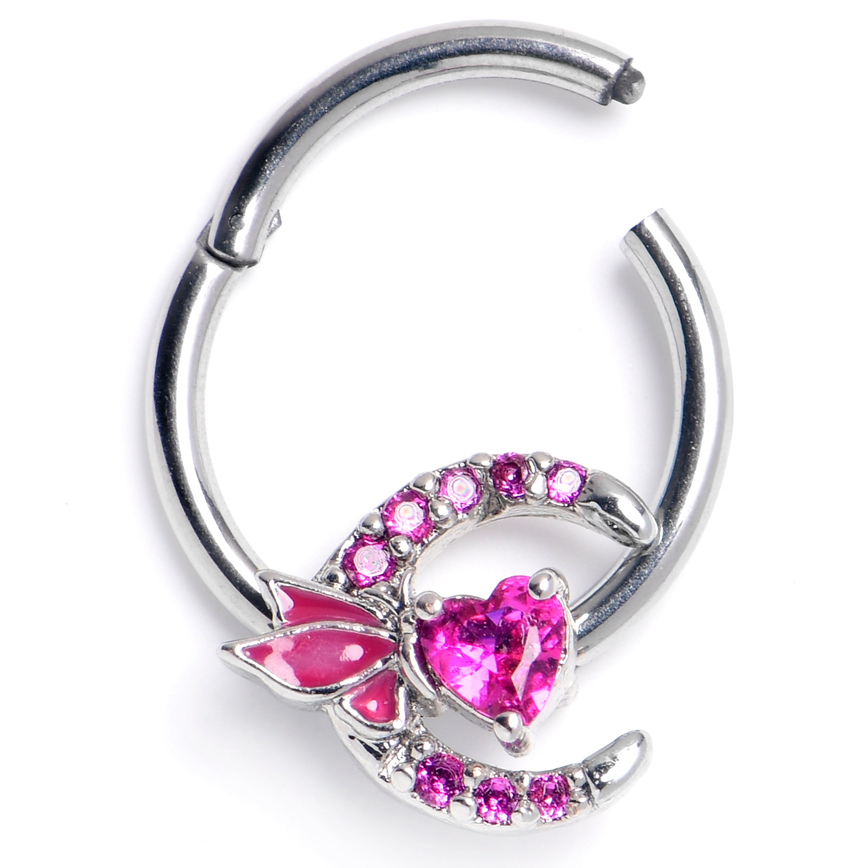 16G 3/8 Pink CZ Gem Butterfly Moon Heart Hinged Segment Ring