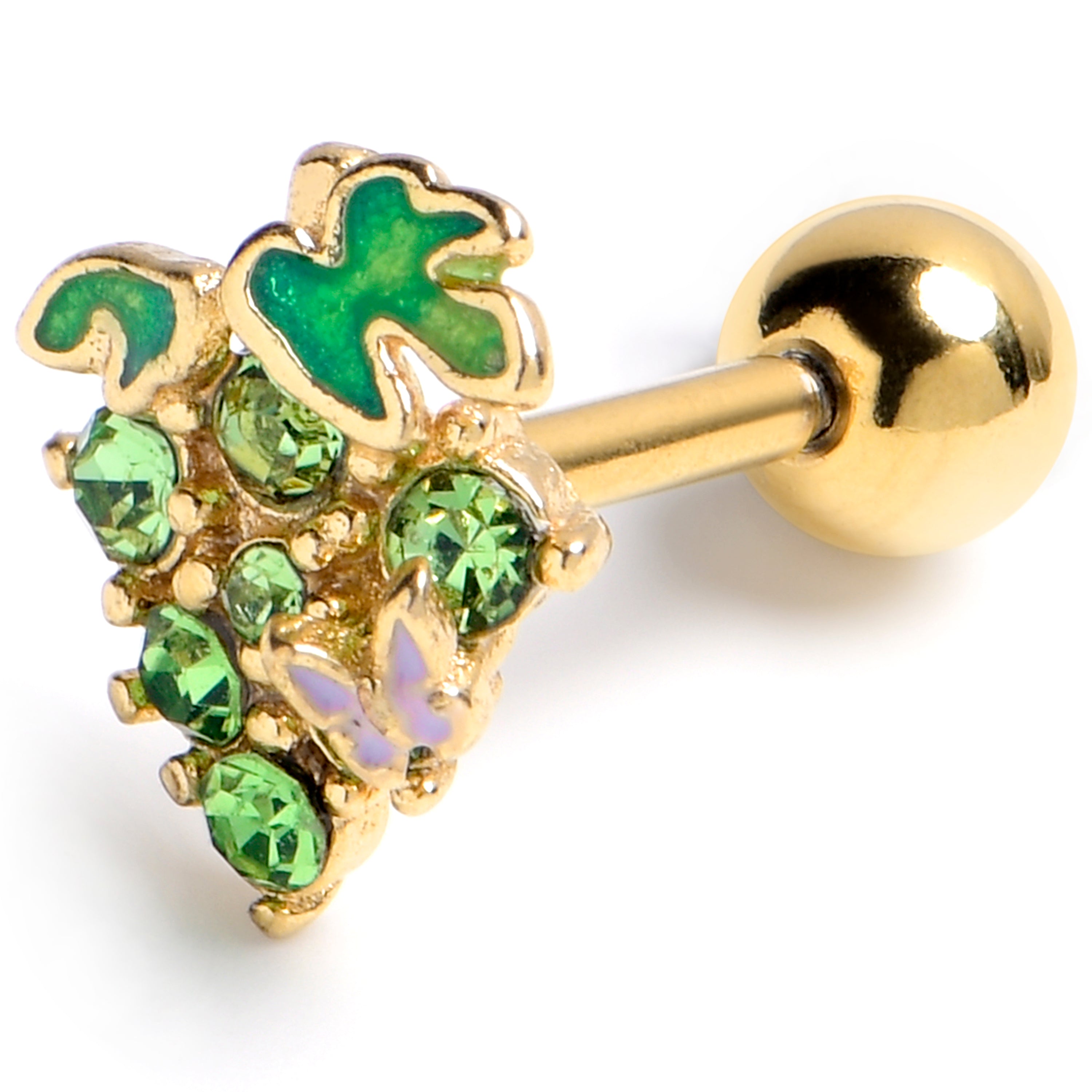 16G 1/4 Green Gem Gold Tone Butterfly Grapes Cartilage Earring