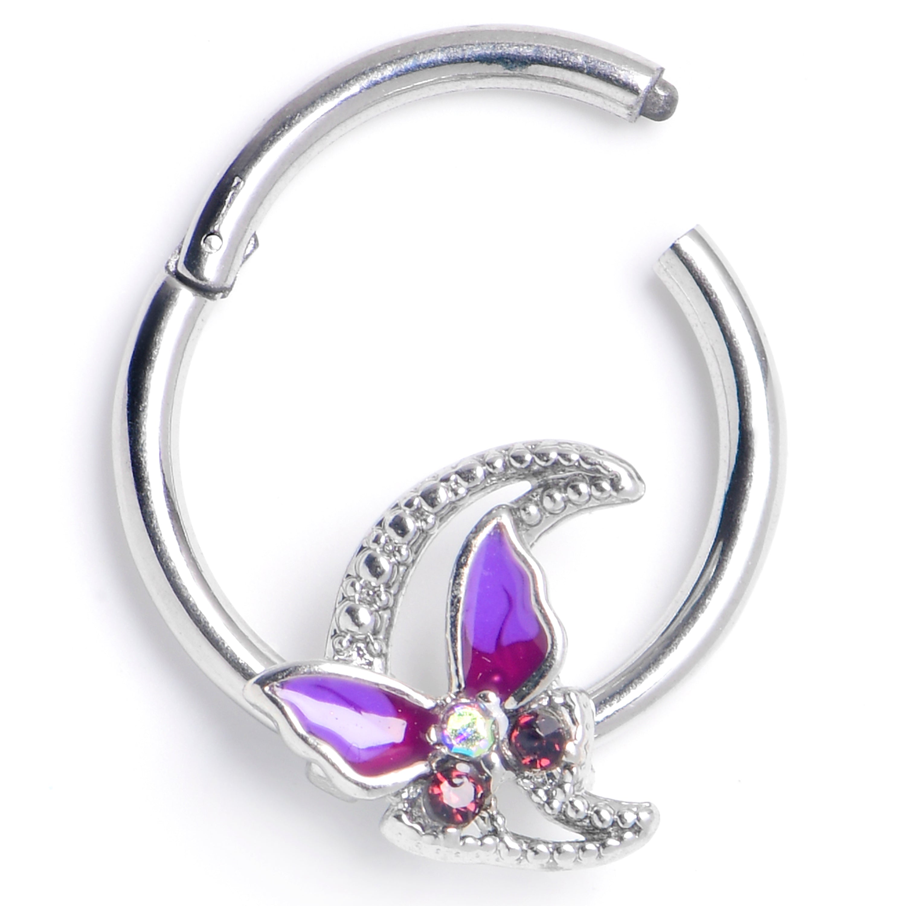 16G 3/8 Purple Gem Butterfly Purple Beauty Hinged Segment Ring