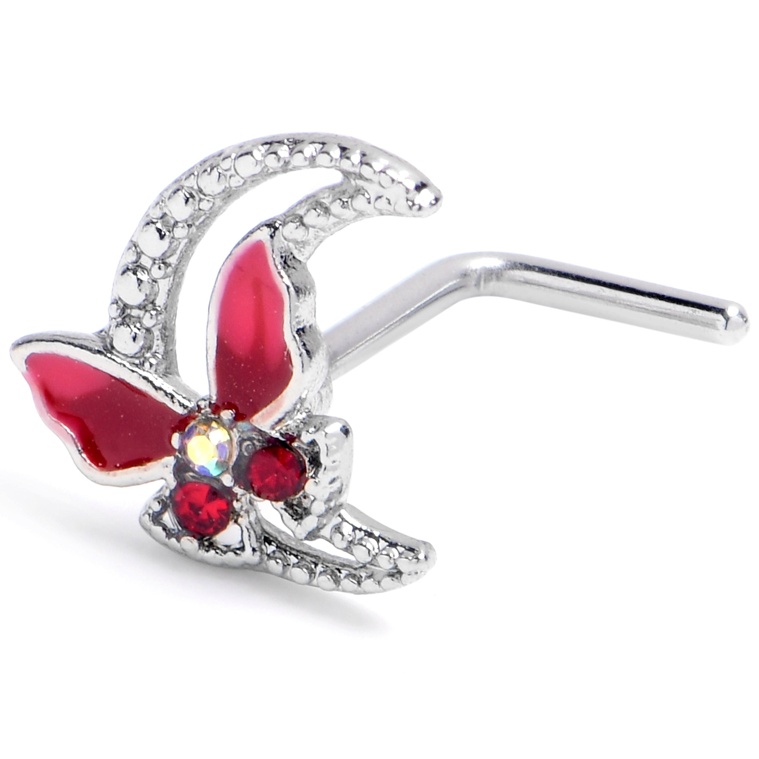 20G 7mm Pink Gem Butterfly Pink Beauty L Shape Nose Ring