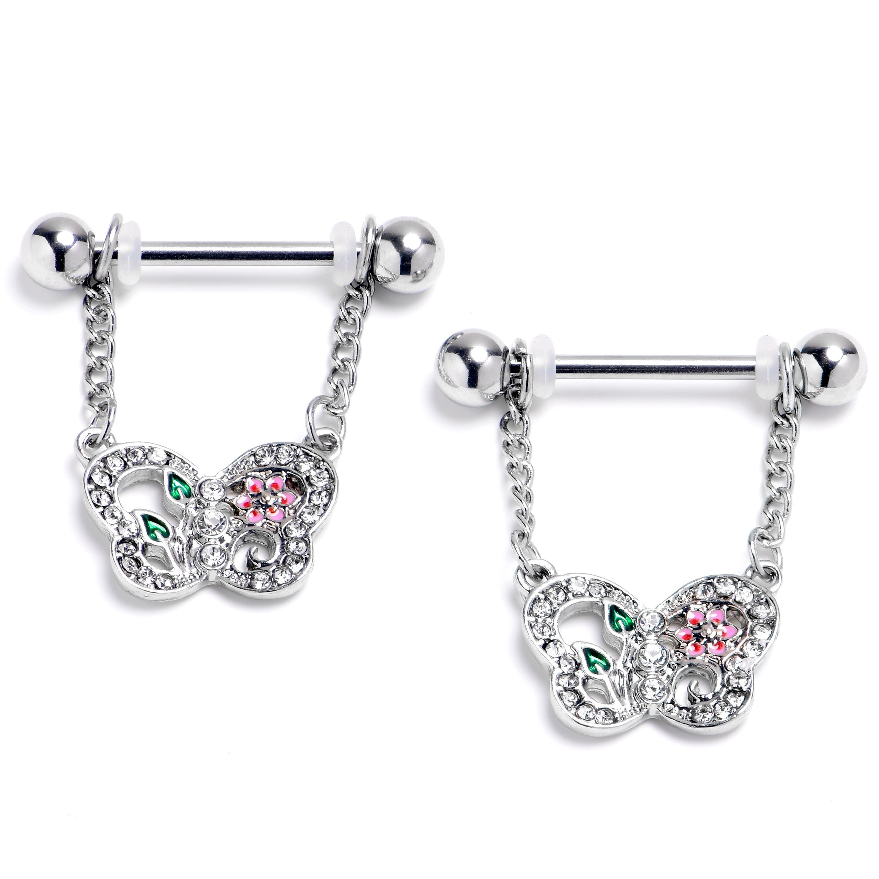 14 Gauge 9/16 Clear Gem Floral Butterfly Style Dangle Nipple Ring Set