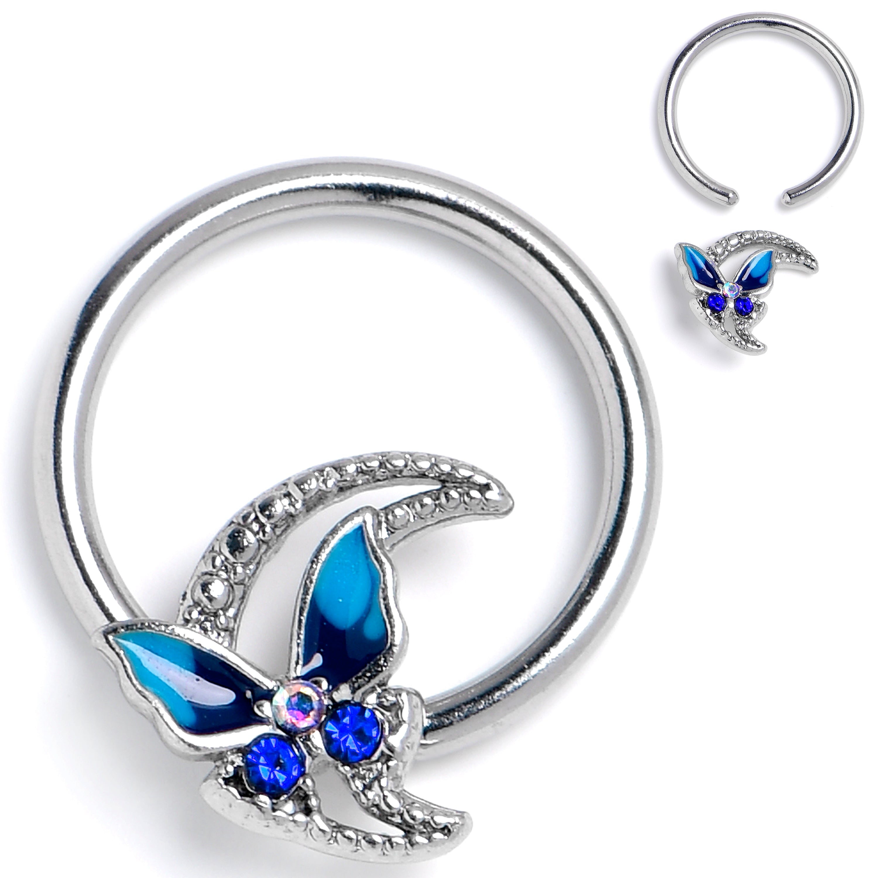 16 Gauge 3/8 Aurora Gem Butterfly Blue Beauty BCR Captive Ring