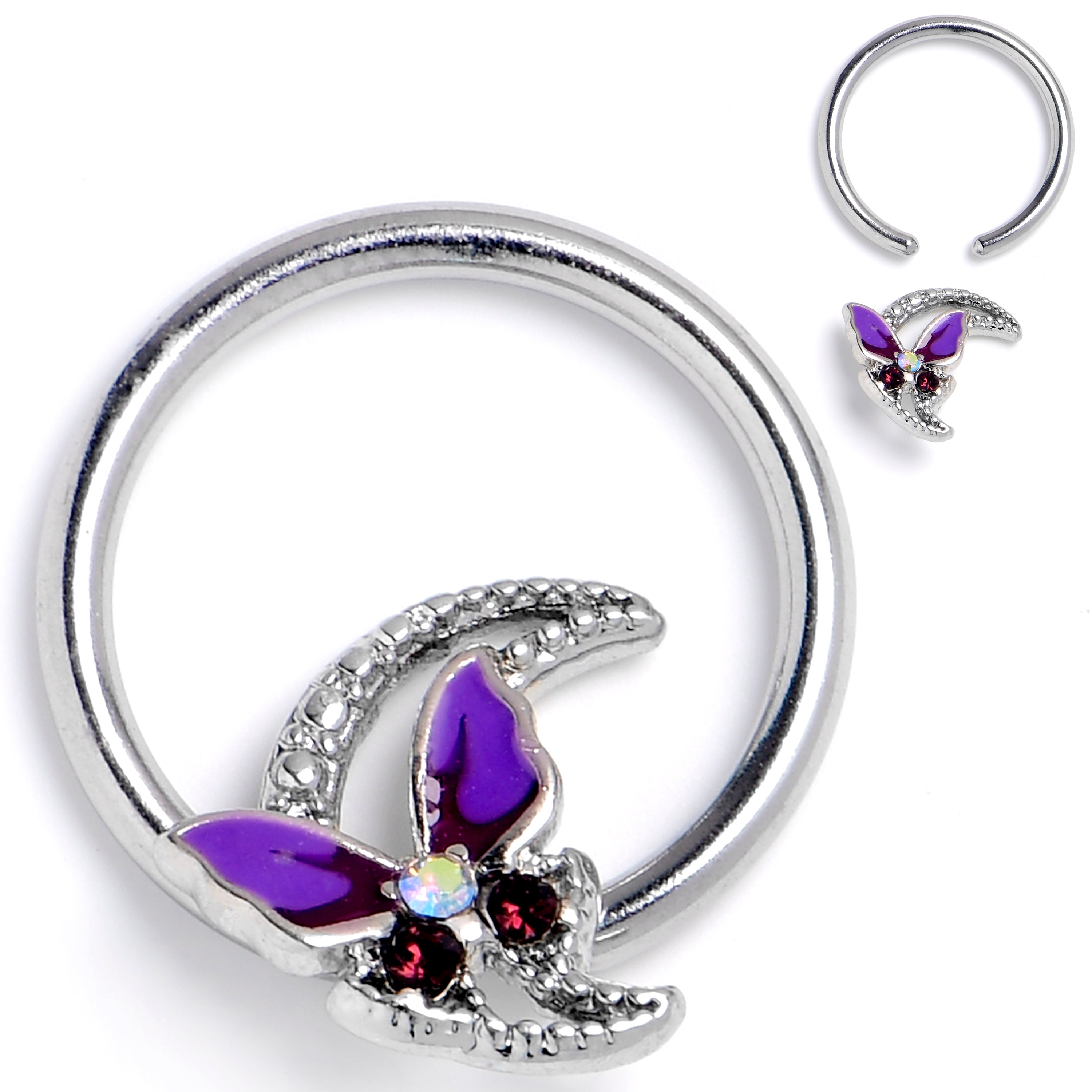 16G 3/8 Aurora Gem Butterfly Purple Beauty BCR Captive Ring