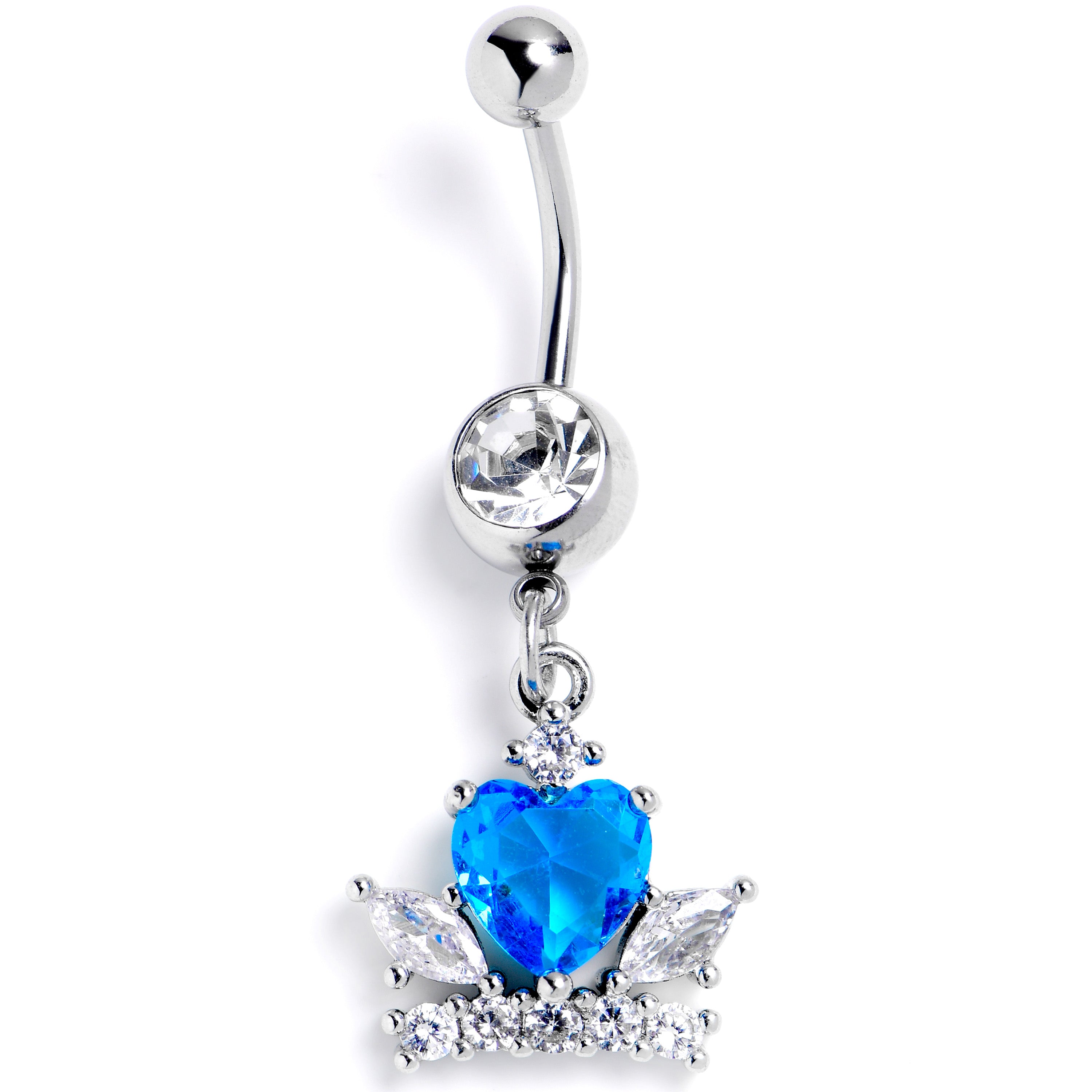 Clear Blue CZ Gem Heart Crown Dangle Belly Ring