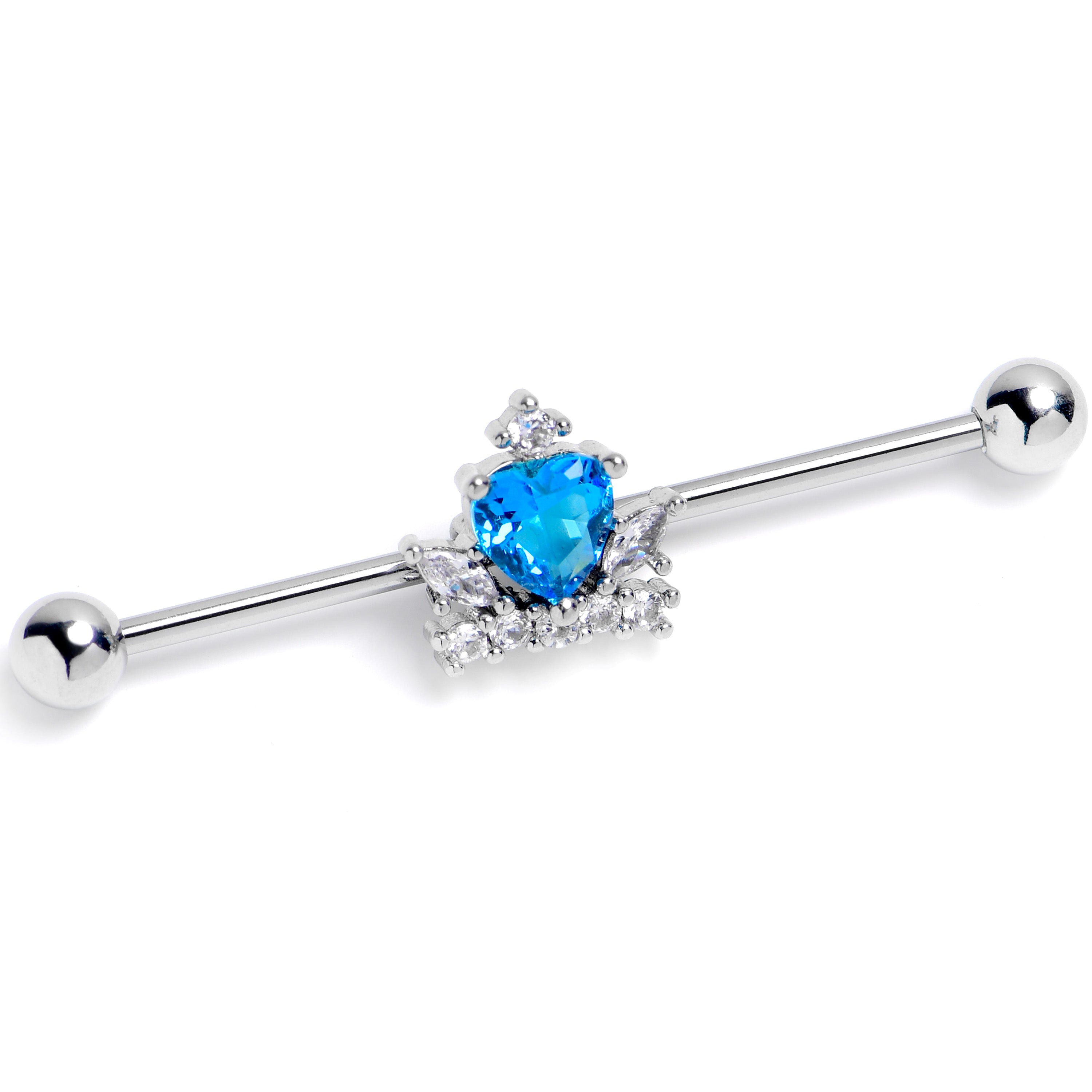 14G Blue Clear Gem Heart Crown Industrial Barbell 38mm