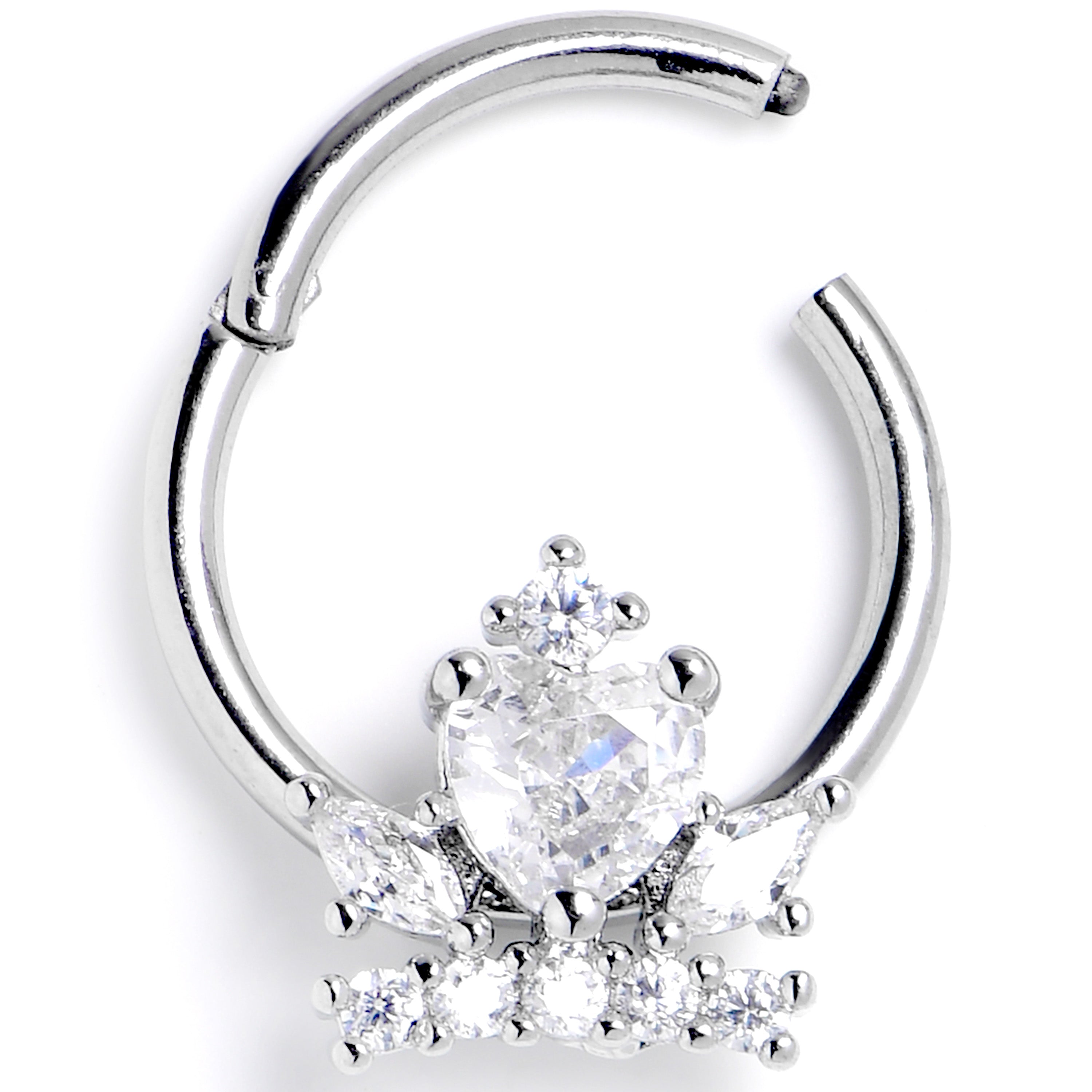 16 Gauge 3/8 Clear Gem Heart Crown Hinged Segment Ring